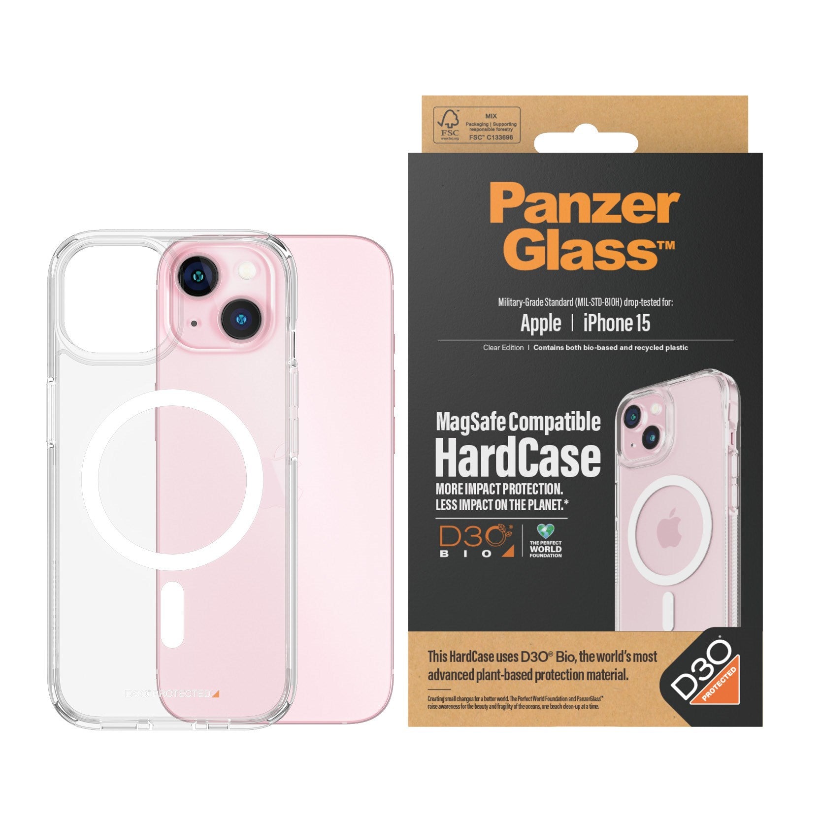 PanzerGlass® HardCase Transparent m. Hvid MagSafe & D3O® iPhone 15