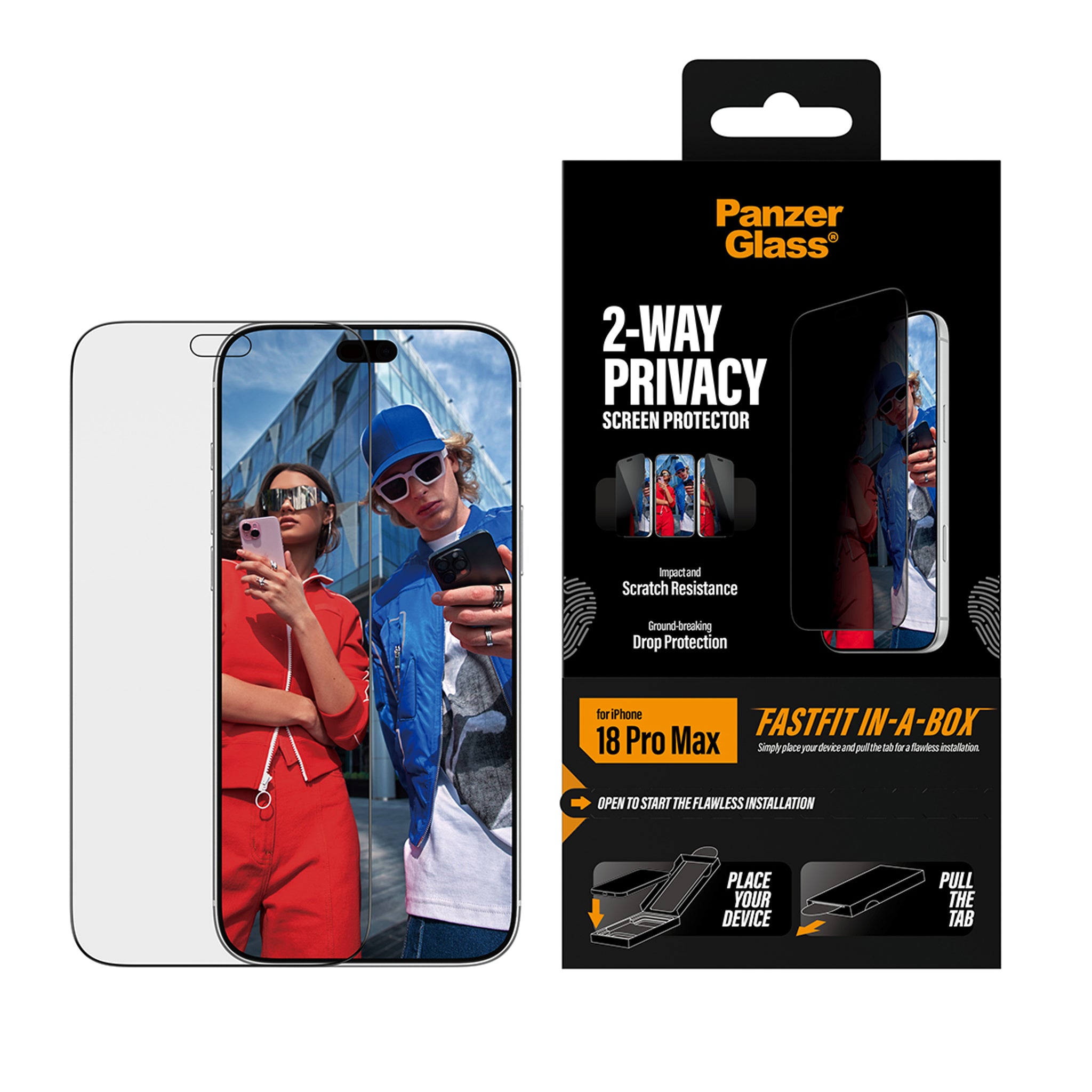 PanzerGlass® 2-Way Privacy Skærmbeskyttelse iPhone 18 Pro Max | Ultra-Wide Fit m. FASTFIT IN-A-BOX