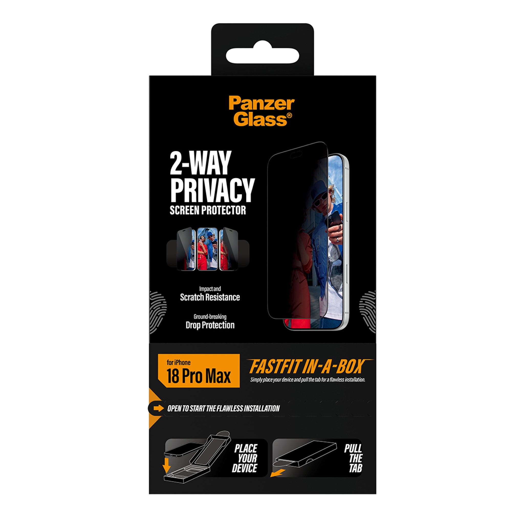 PanzerGlass® 2-Way Privacy Skærmbeskyttelse iPhone 18 Pro Max | Ultra-Wide Fit m. FASTFIT IN-A-BOX