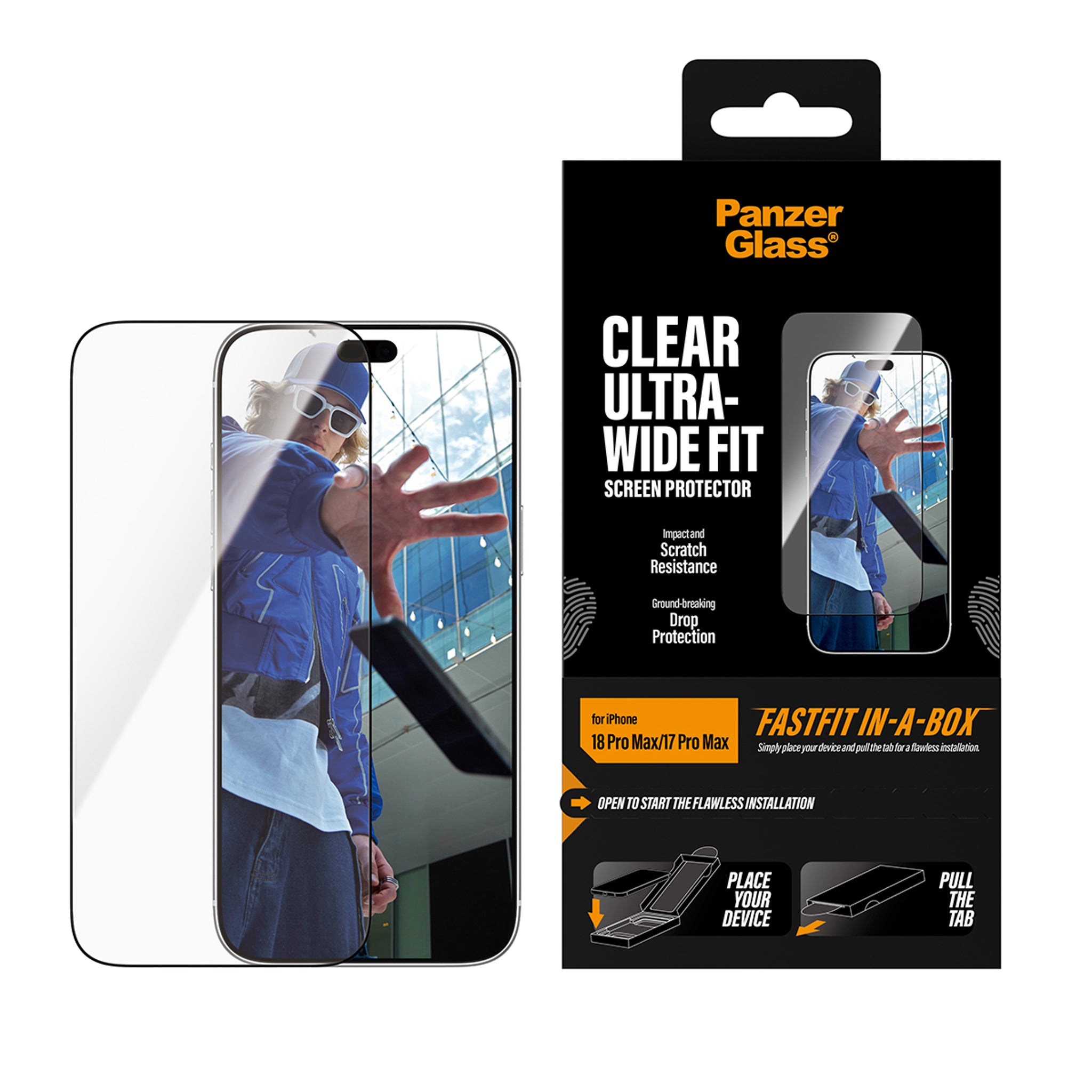 PanzerGlass® Skærmbeskyttelse iPhone 18 Pro Max | 17 Pro Max | Ultra-Wide Fit m. FASTFIT IN-A-BOX