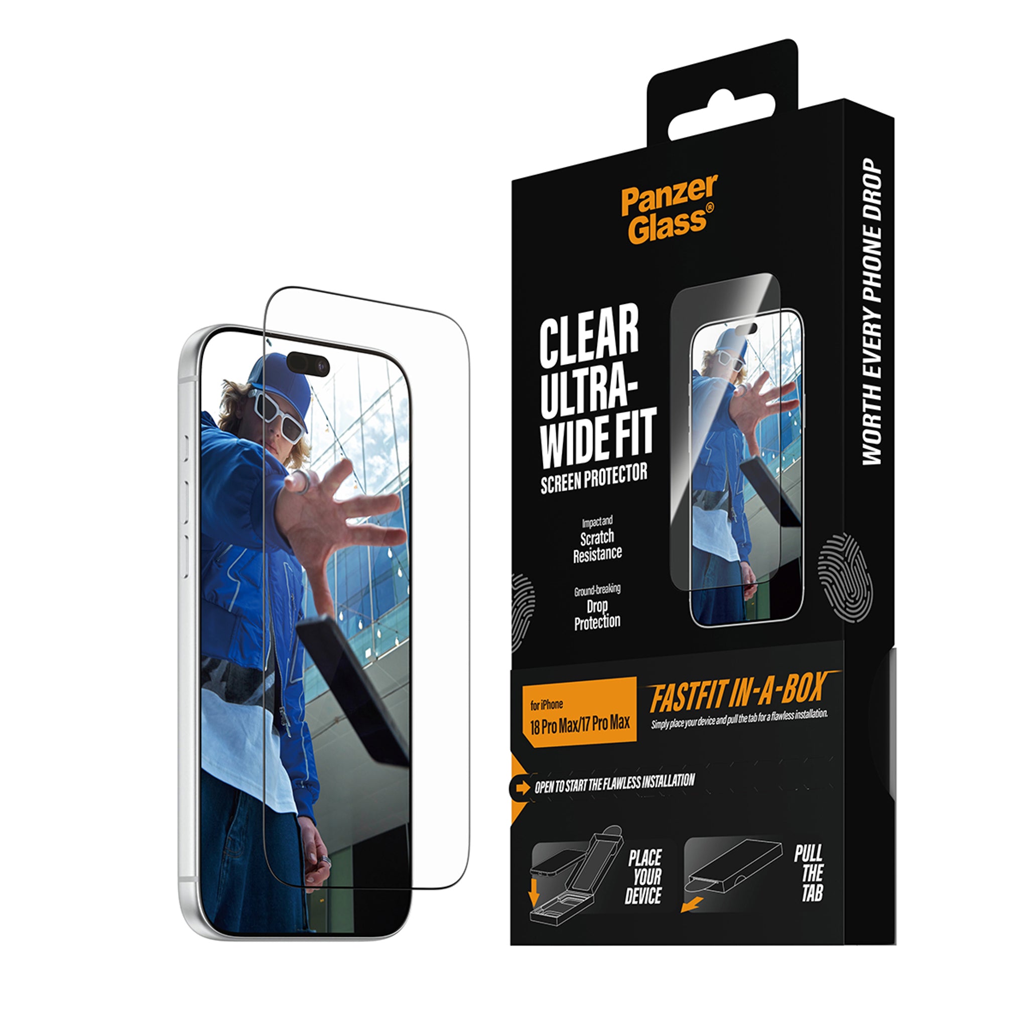 PanzerGlass® Skærmbeskyttelse iPhone 18 Pro Max | 17 Pro Max | Ultra-Wide Fit m. FASTFIT IN-A-BOX