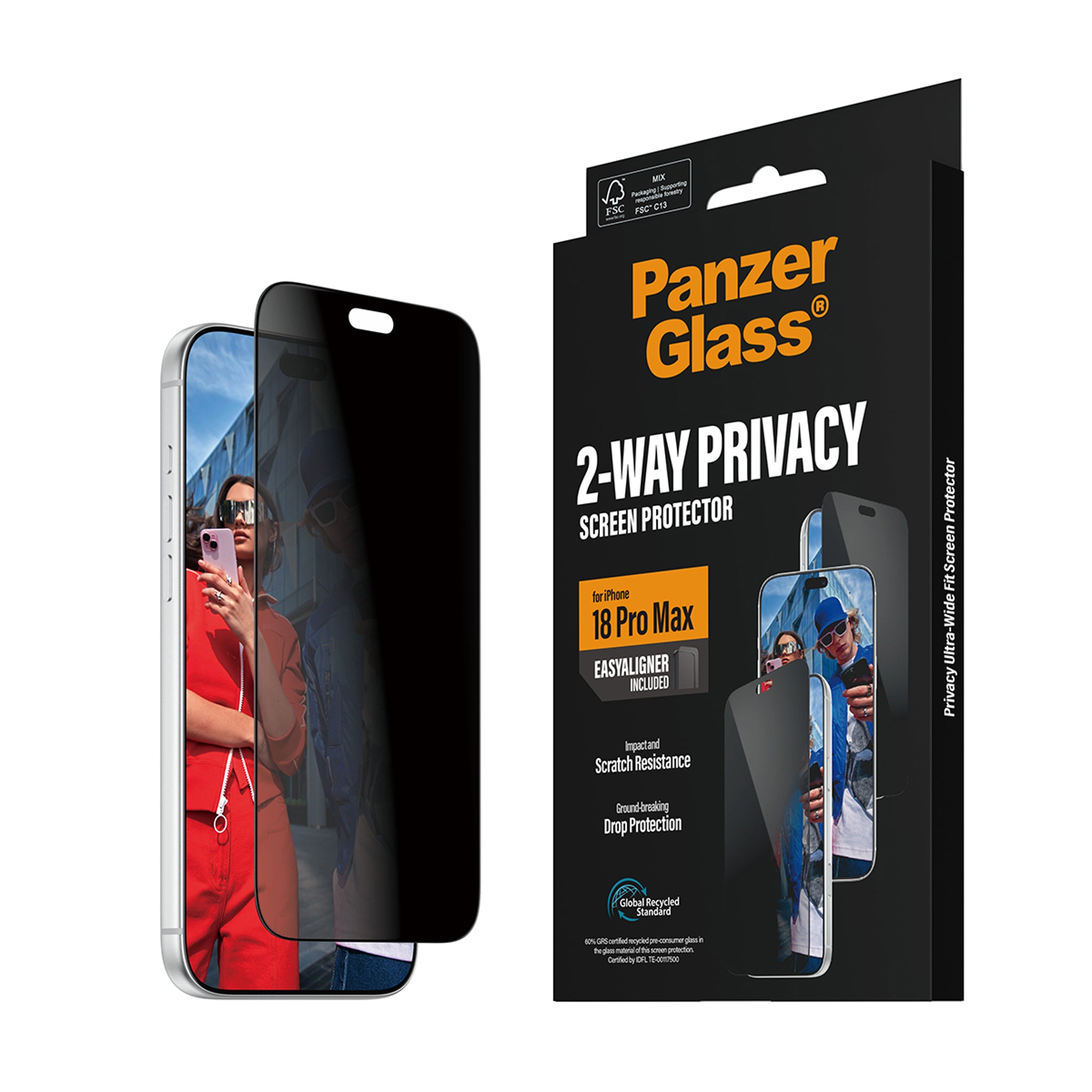 PanzerGlass® 2-Way Privacy Skærmbeskyttelse iPhone 18 Pro Max | Ultra-Wide Fit m. EasyAligner