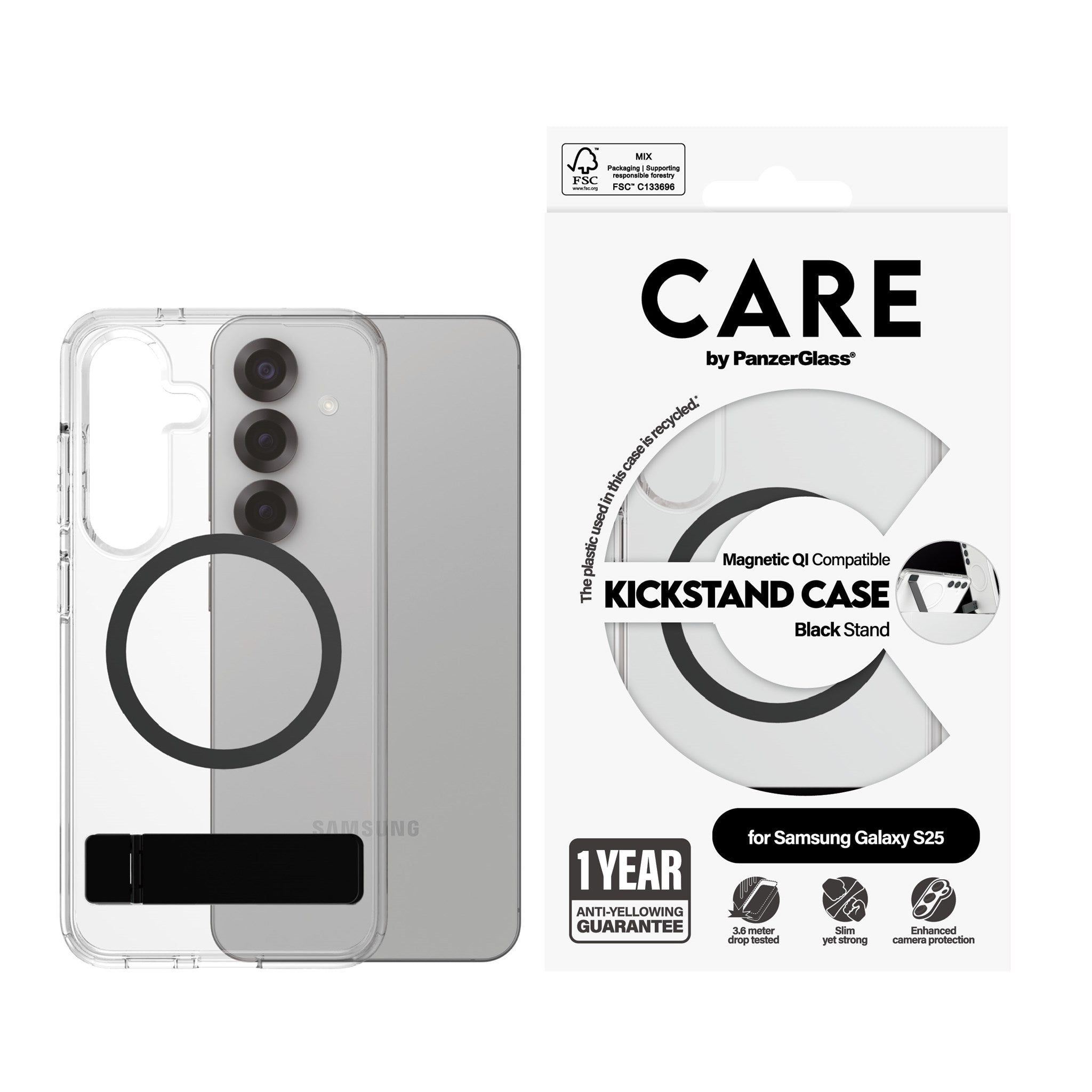 CARE by PanzerGlass® Case Transparent m. Sort Kickstand & Qi Compatible Samsung Galaxy S25
