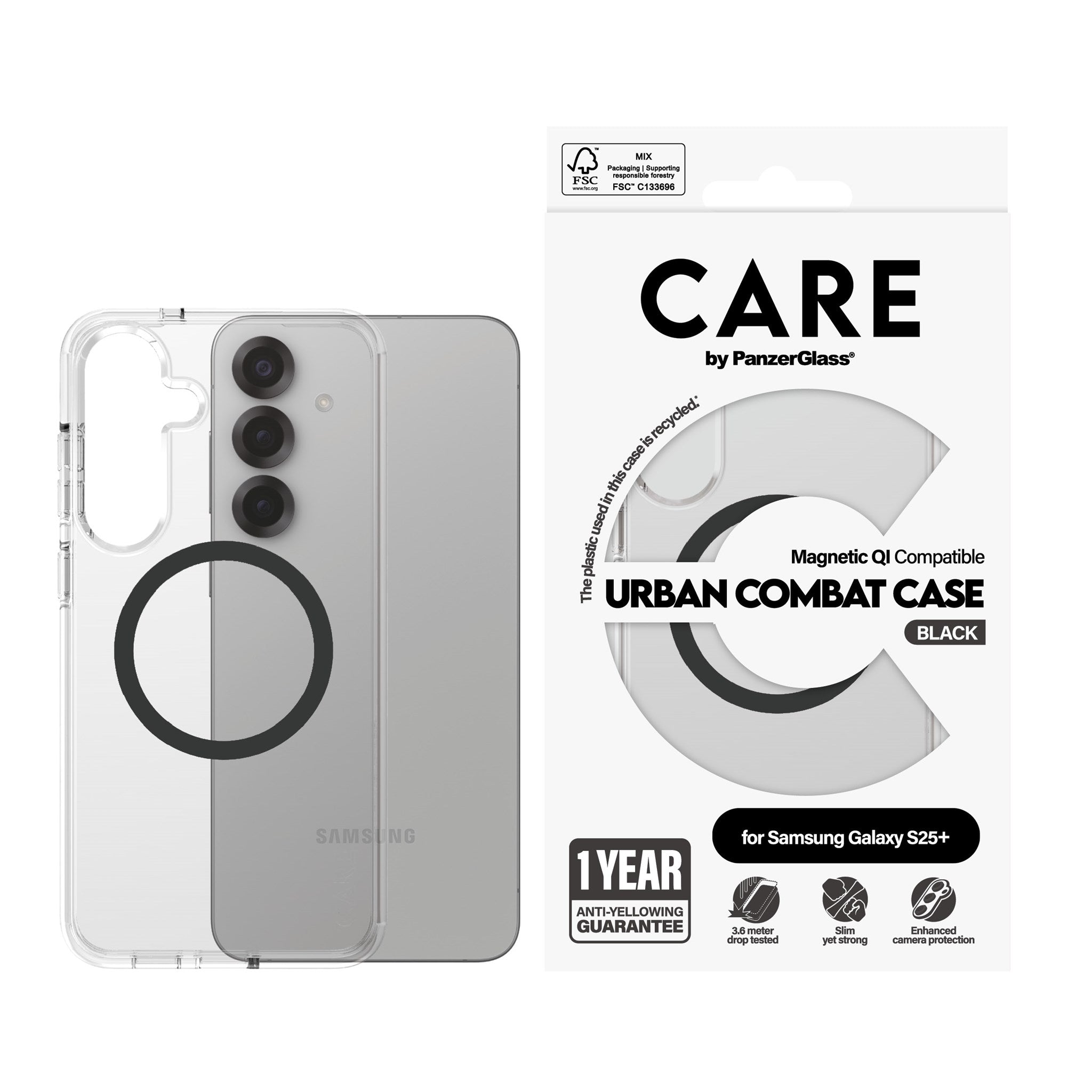 CARE by PanzerGlass® Urban Combat Case Transparent m. Sort Ramme & Qi Compatible Samsung Galaxy S25+