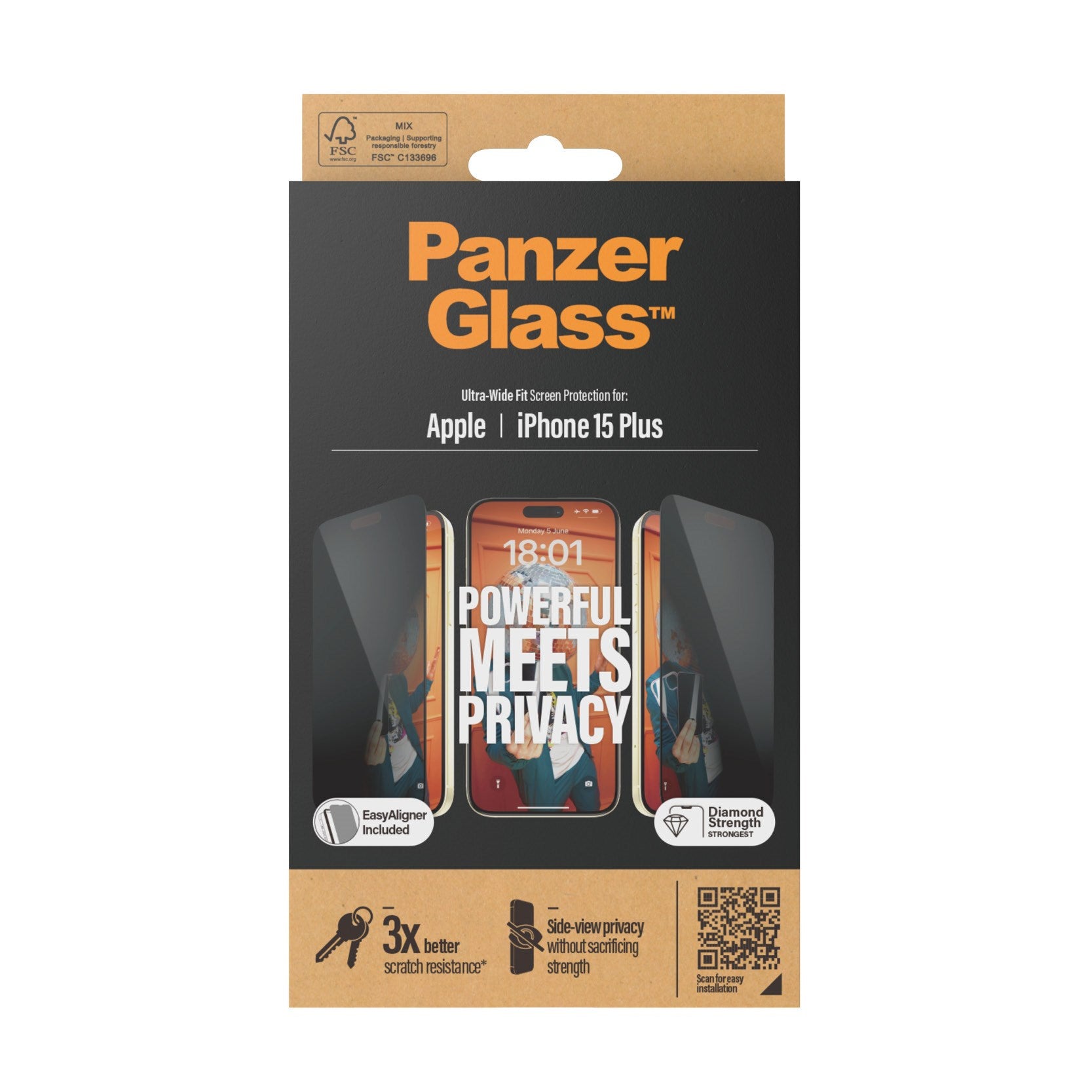 PanzerGlass® Privacy Skærmbeskyttelse iPhone 15 Plus | Ultra-Wide Fit m. EasyAligner