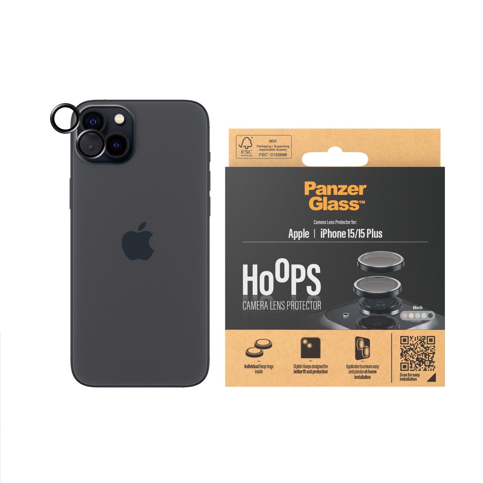 PanzerGlass® Hoops® Kameralinsebeskytter Sort iPhone 15 | 15 Plus