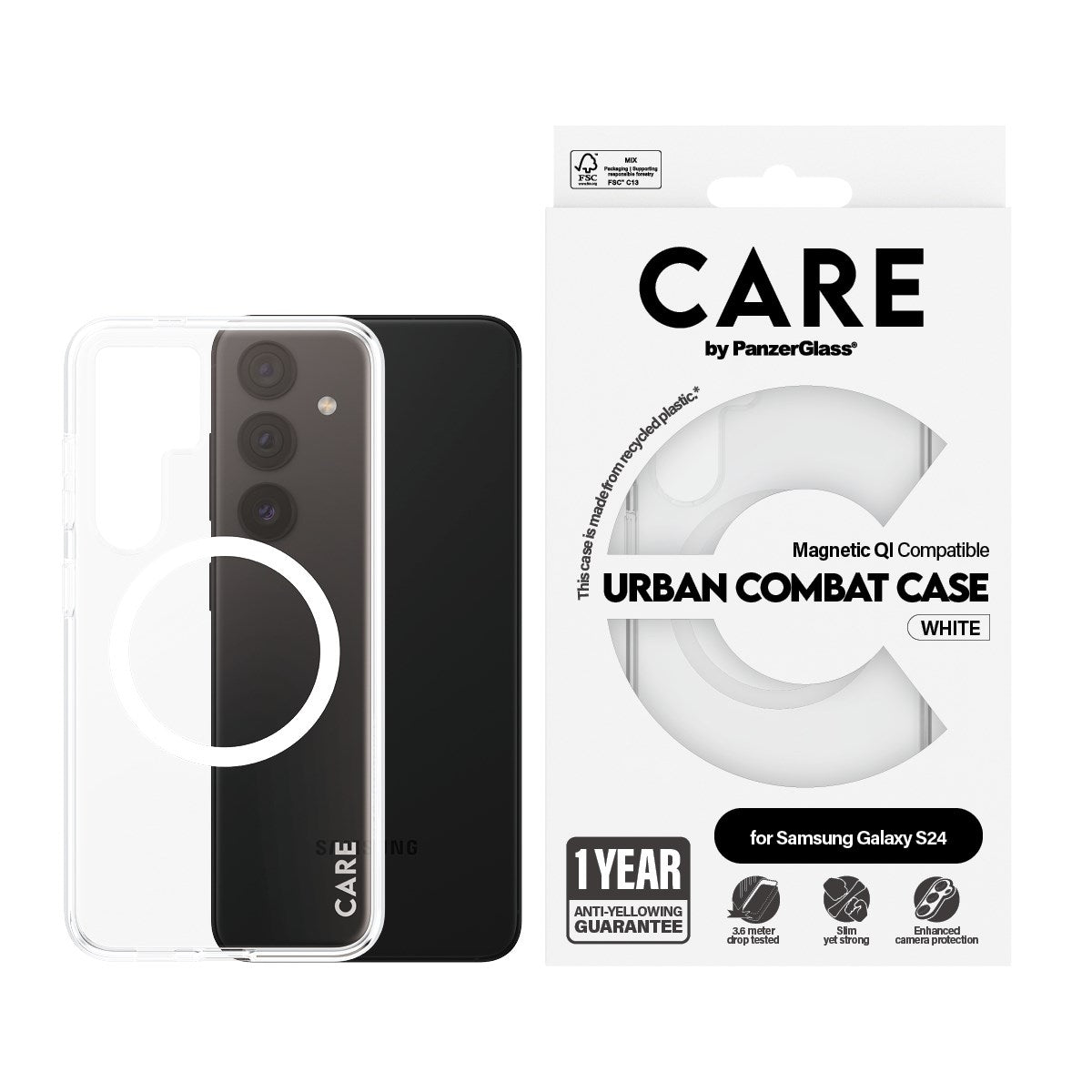 CARE by PanzerGlass® Urban Combat Case Transparent m. Hvid Qi Compatible Samsung Galaxy S24