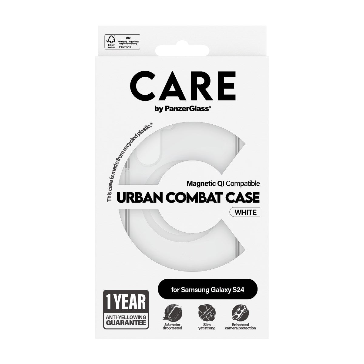 CARE by PanzerGlass® Urban Combat Case Transparent m. Hvid Qi Compatible Samsung Galaxy S24