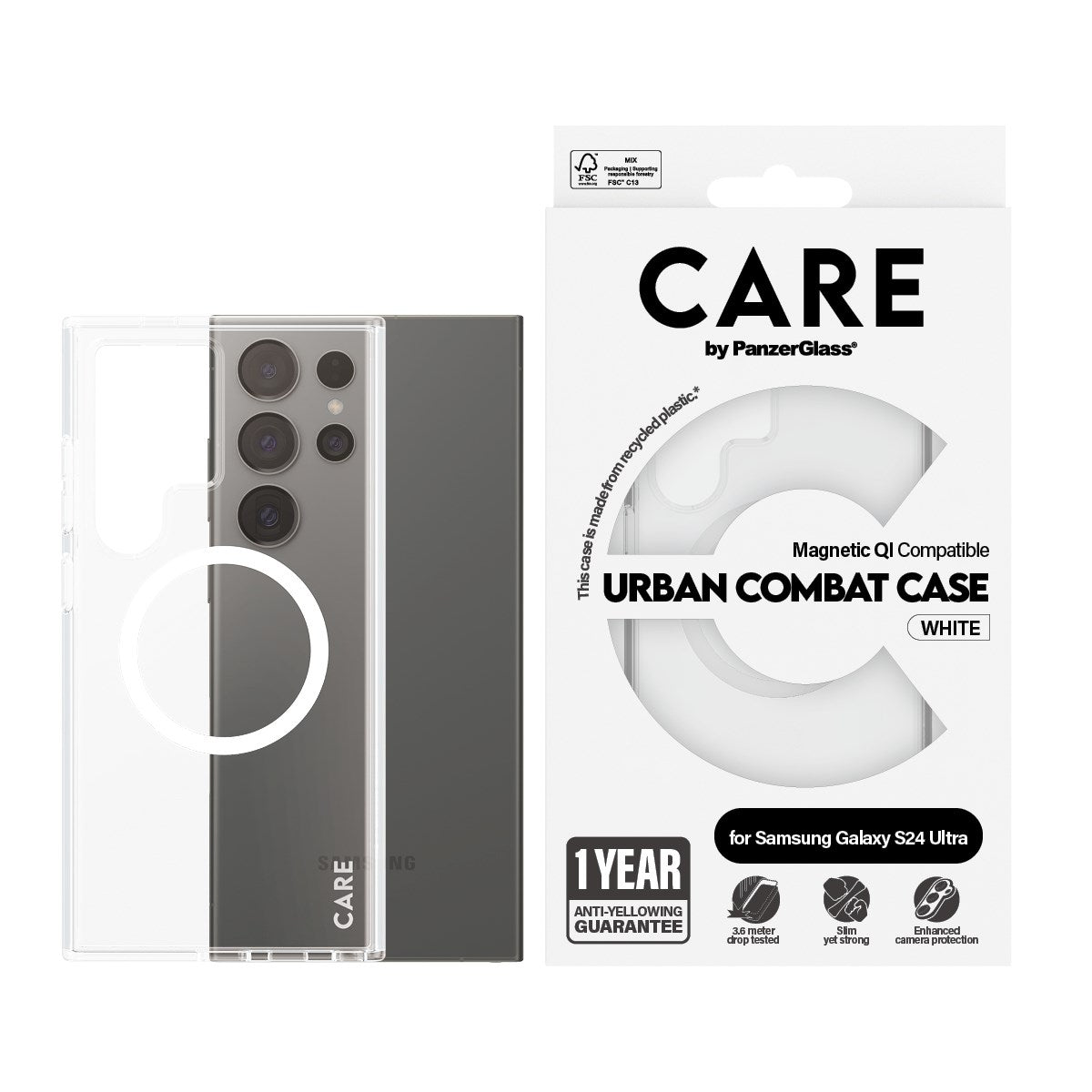 CARE™ by PanzerGlass® Urban Combat Case Transparent m. Hvid Qi Compatible Samsung Galaxy S24 Ultra