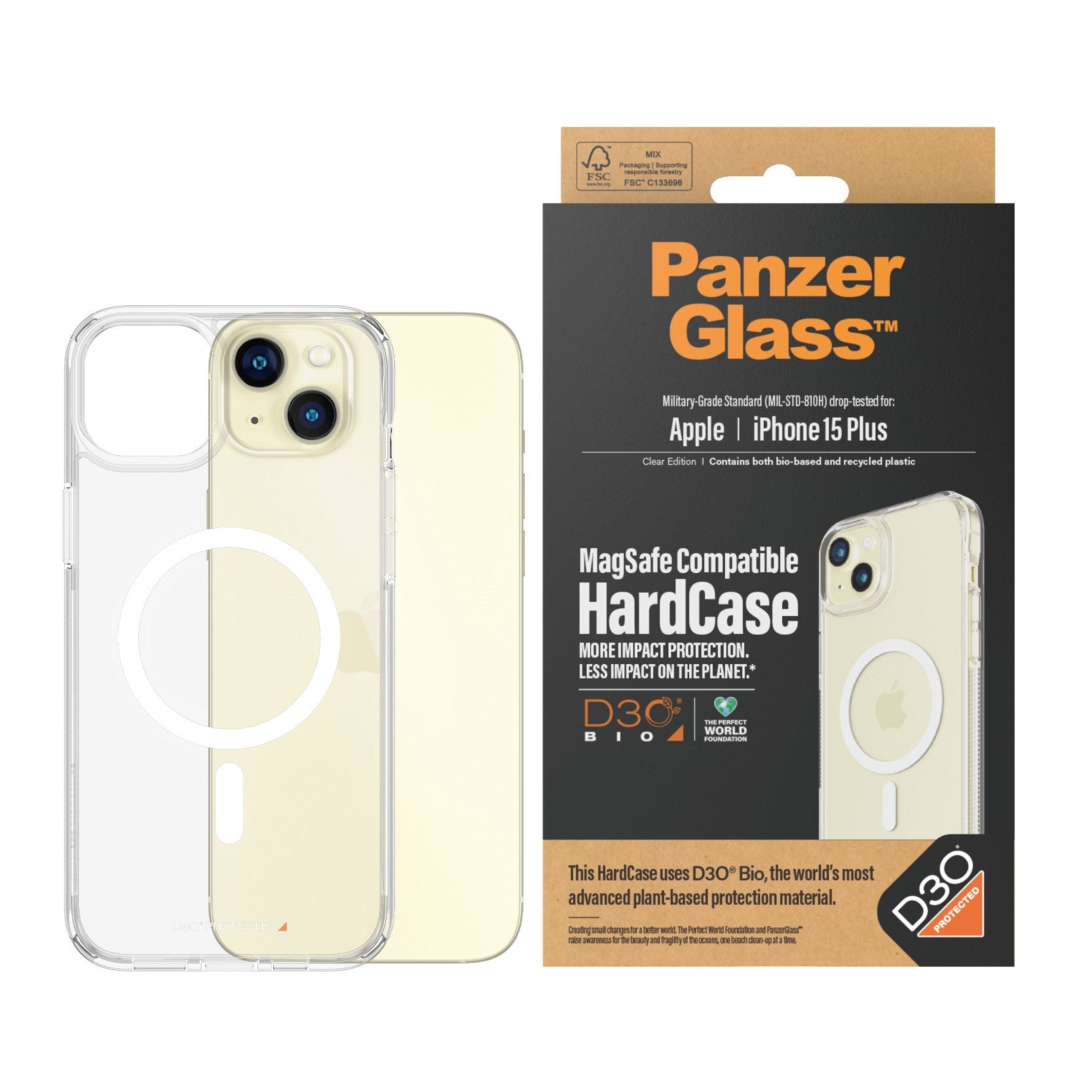 PanzerGlass® HardCase Transparent m. Hvid MagSafe & D3O® iPhone 15 Plus