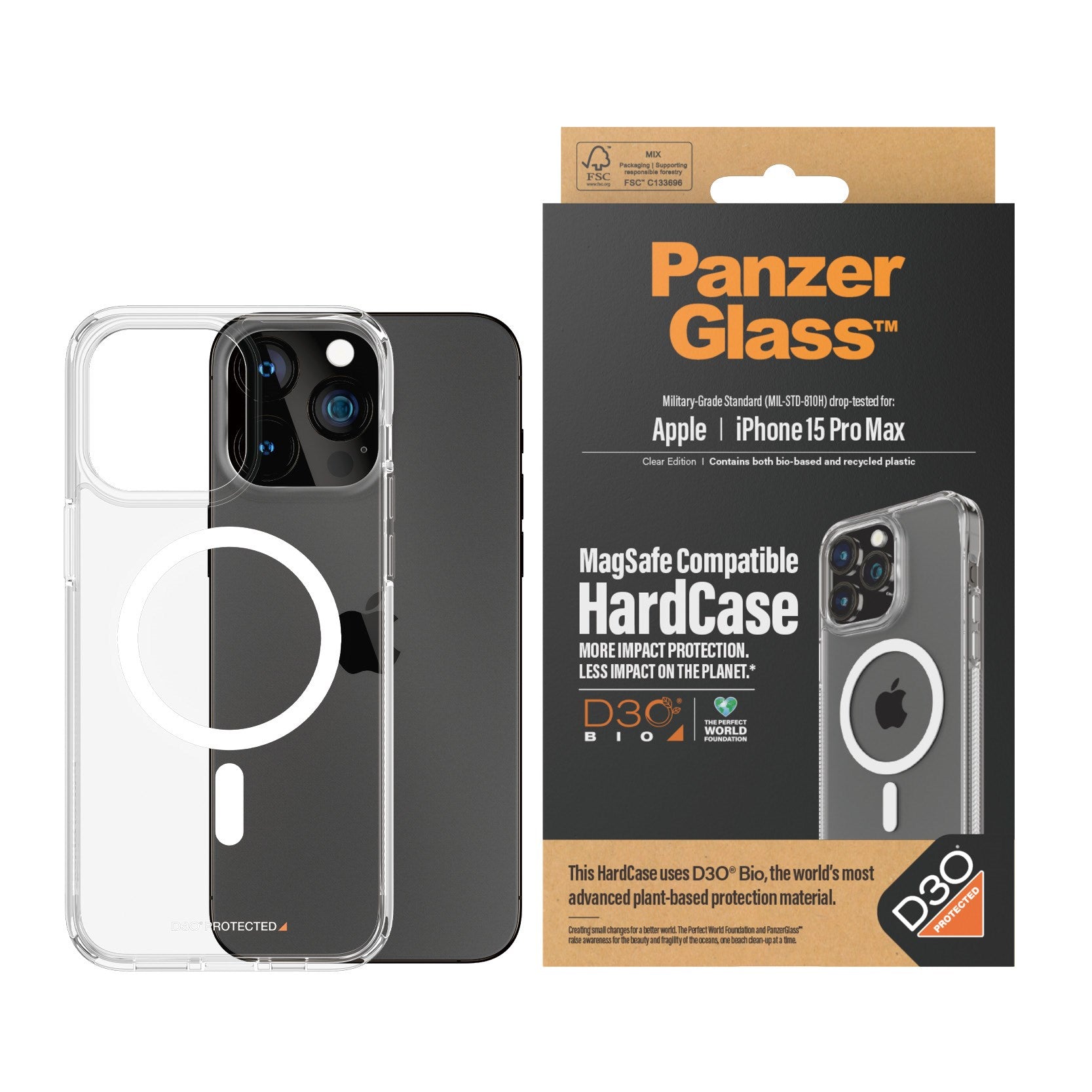 PanzerGlass® HardCase Transparent m. Hvid MagSafe & D3O® iPhone 15 Pro Max