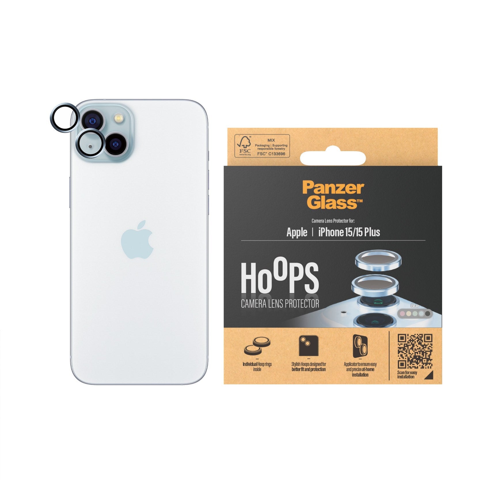 PanzerGlass® Hoops® Kameralinsebeskytter Blå iPhone 15 | 15 Plus
