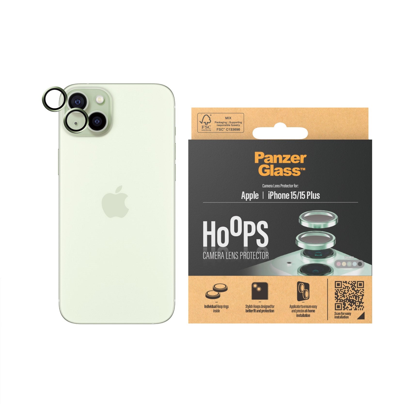 PanzerGlass® Hoops® Kameralinsebeskytter GrøniPhone 15 | 15 Plus