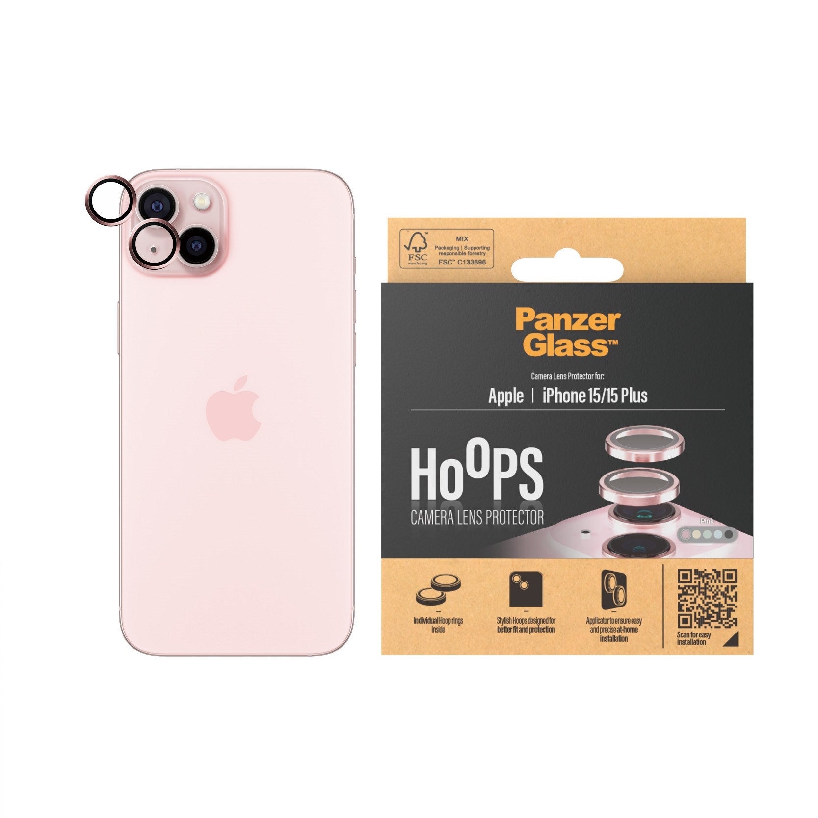 PanzerGlass® Hoops® Kameralinsebeskytter Lyserød iPhone 15 | 15 Plus