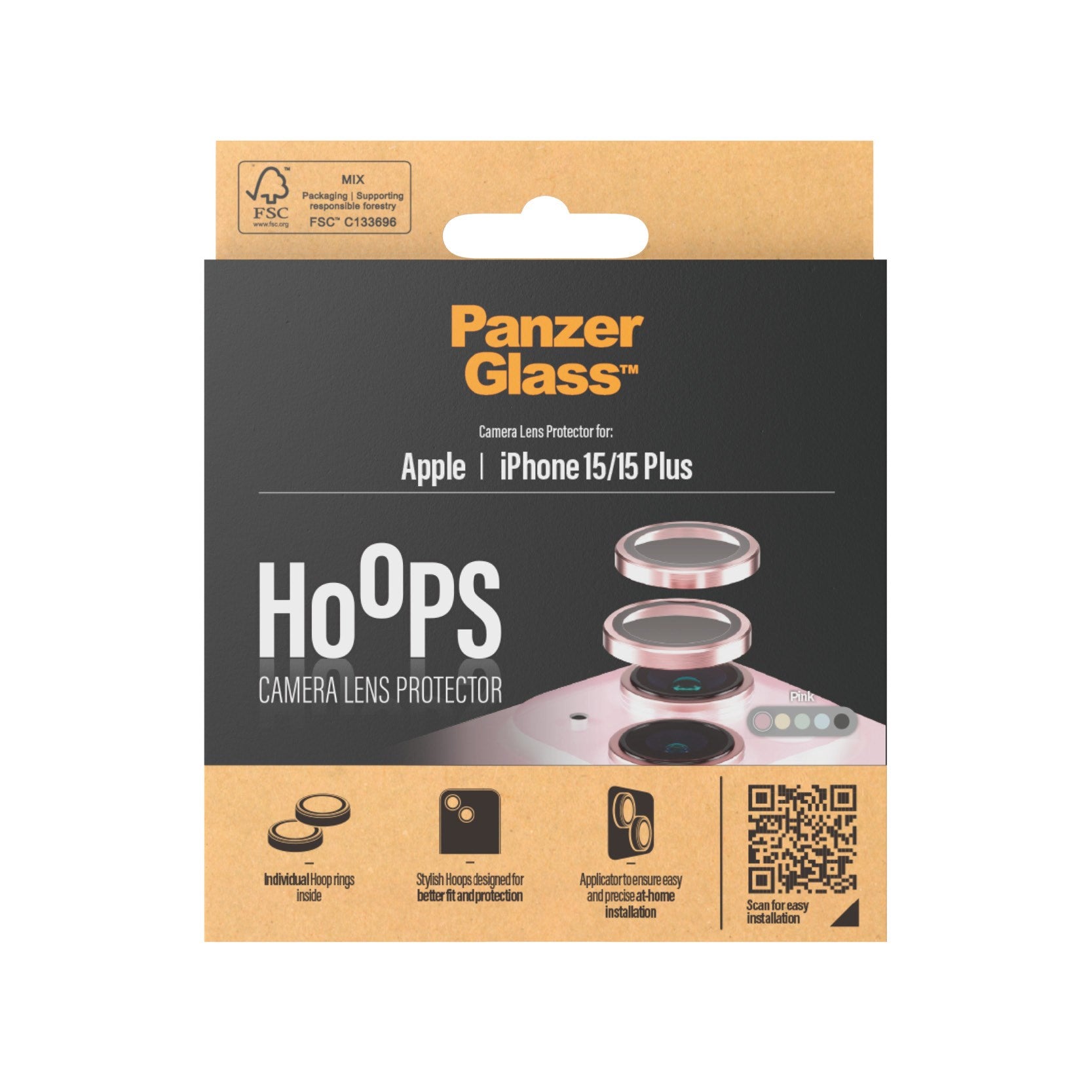 PanzerGlass® Hoops® Kameralinsebeskytter Lyserød iPhone 15 | 15 Plus