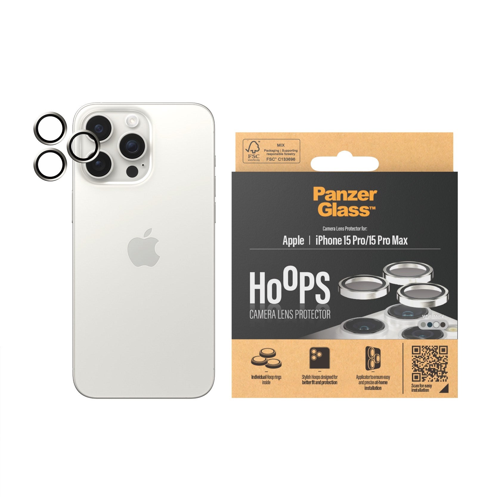 PanzerGlass® Hoops® Metal Kameralinsebeskytter Hvid iPhone 15 Pro | 15 Pro Max
