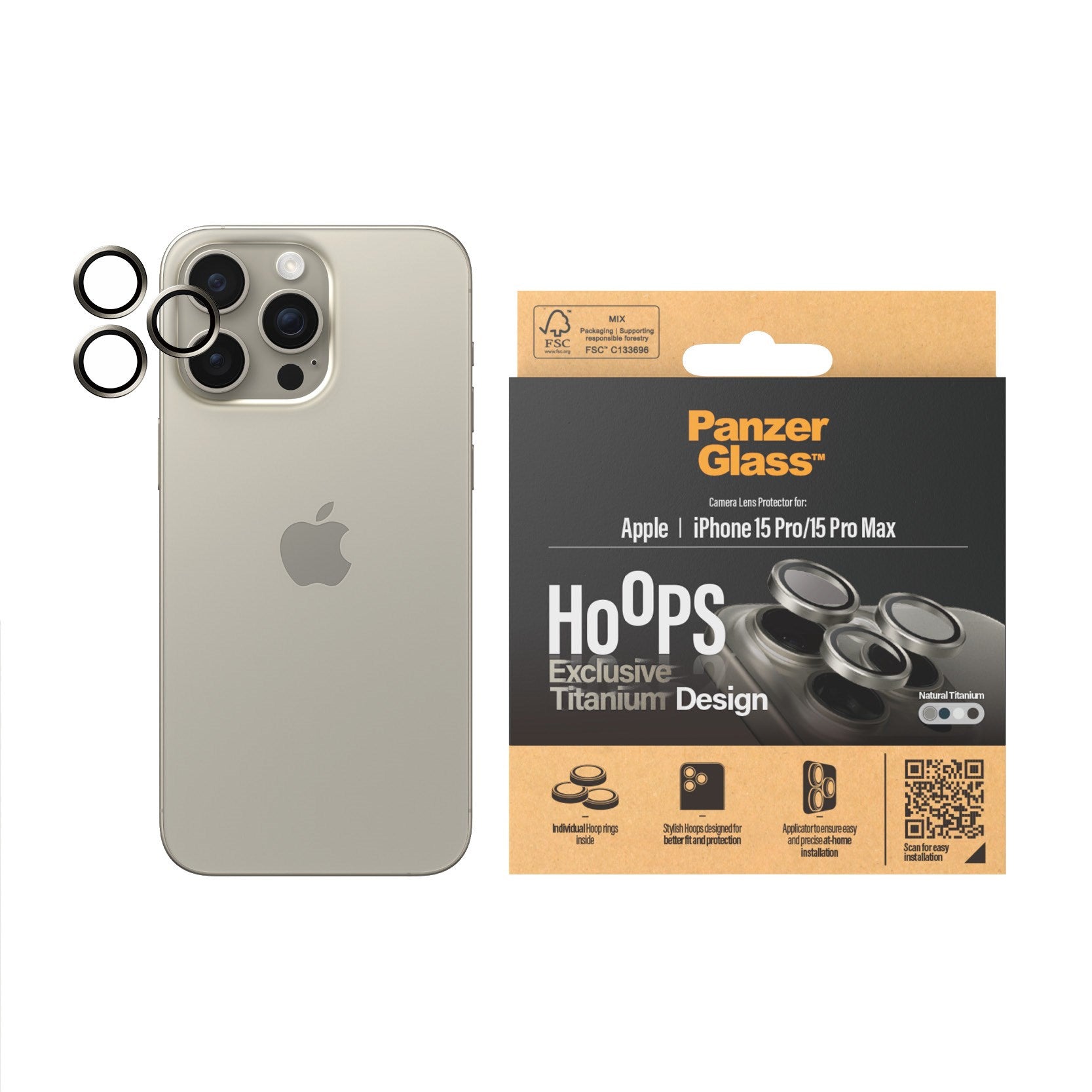 PanzerGlass® Hoops® Titanium Kameralinsebeskytter Naturlig iPhone 15 Pro | 15 Pro Max