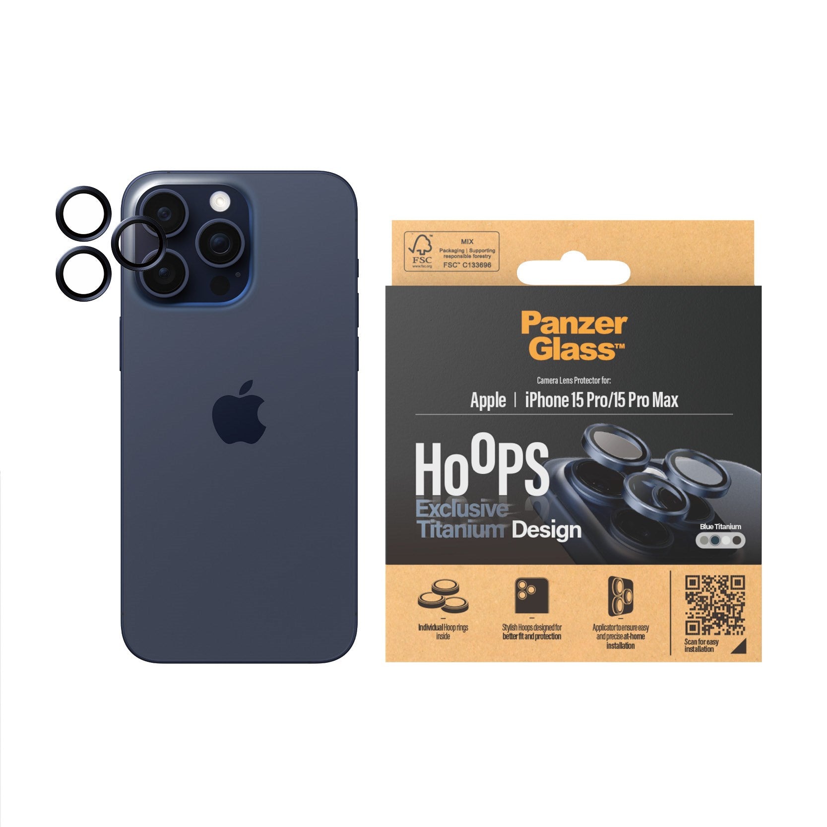 PanzerGlass® Hoops® Titanium Kameralinsebeskytter Blå iPhone 15 Pro | 15 Pro Max