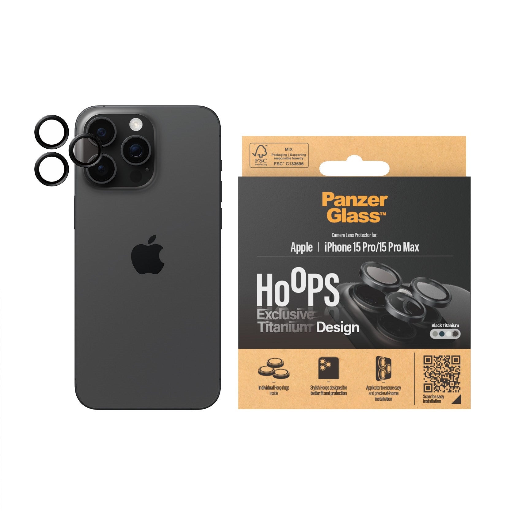 PanzerGlass® Hoops® Titanium Kameralinsebeskytter Sort iPhone 15 Pro | 15 Pro Max