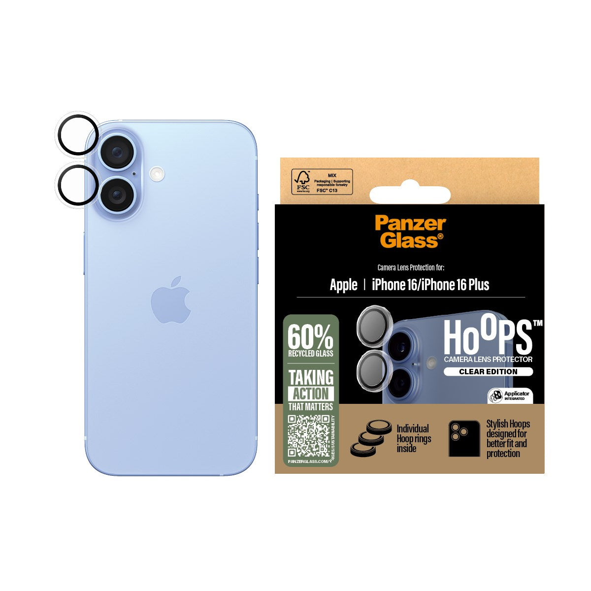 PanzerGlass® Hoops® Kameralinsebeskytter Transparent iPhone 16 | 16 Plus