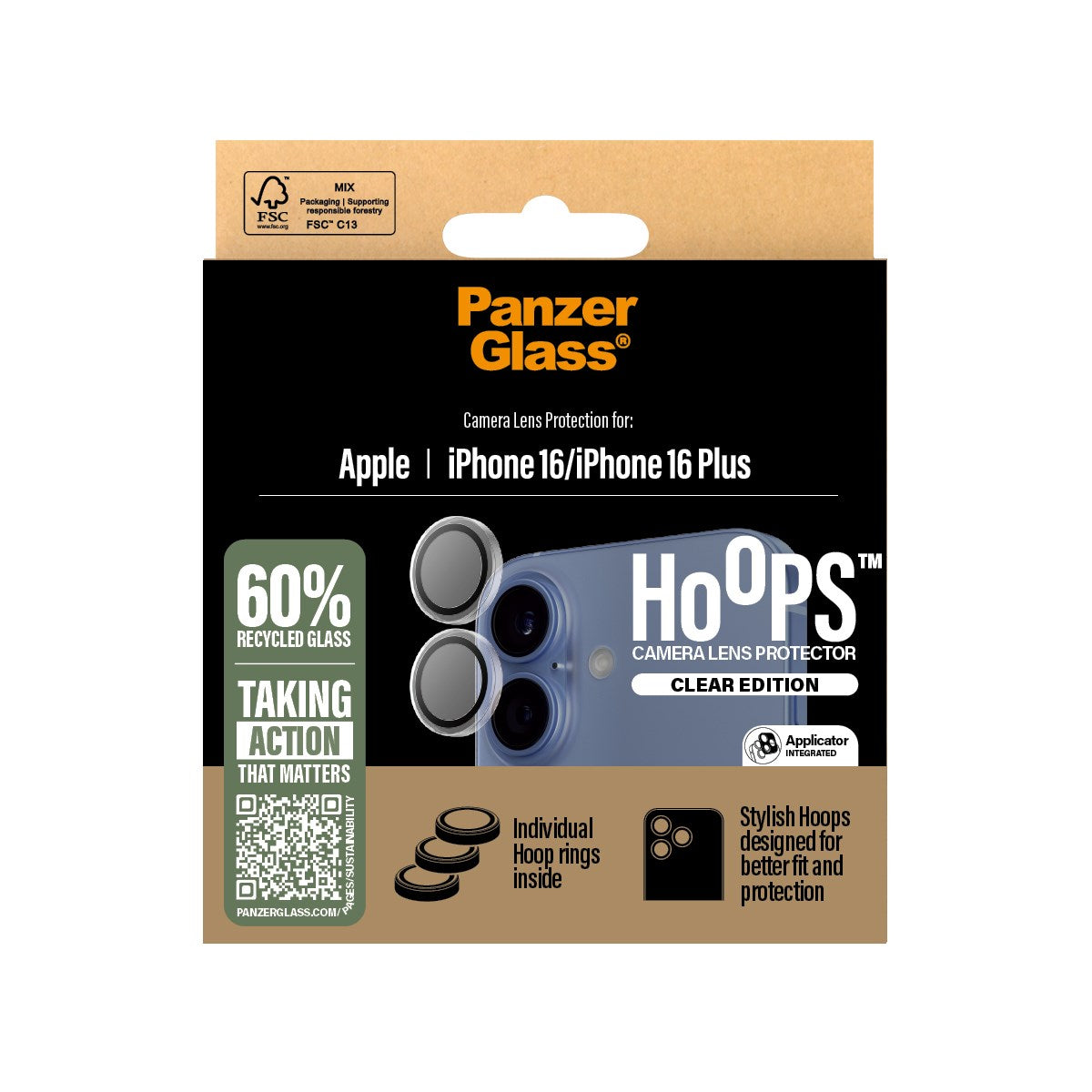 PanzerGlass® Hoops® Kameralinsebeskytter Transparent iPhone 16 | 16 Plus