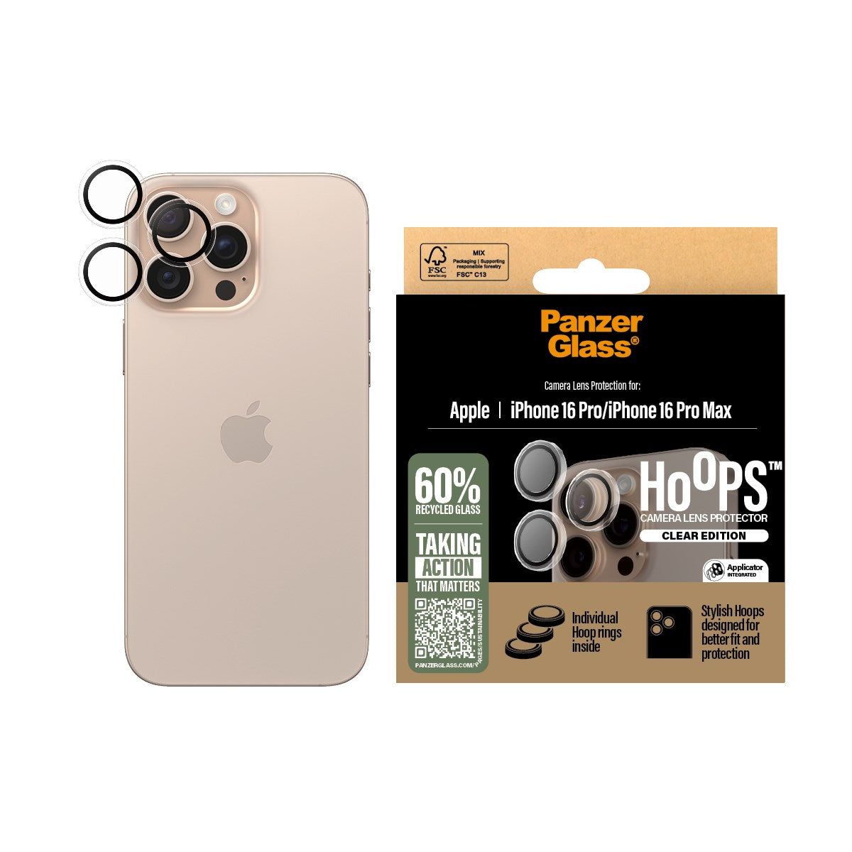 PanzerGlass® Hoops® Kameralinsebeskytter Transparent iPhone 16 Pro | 16 Pro Max