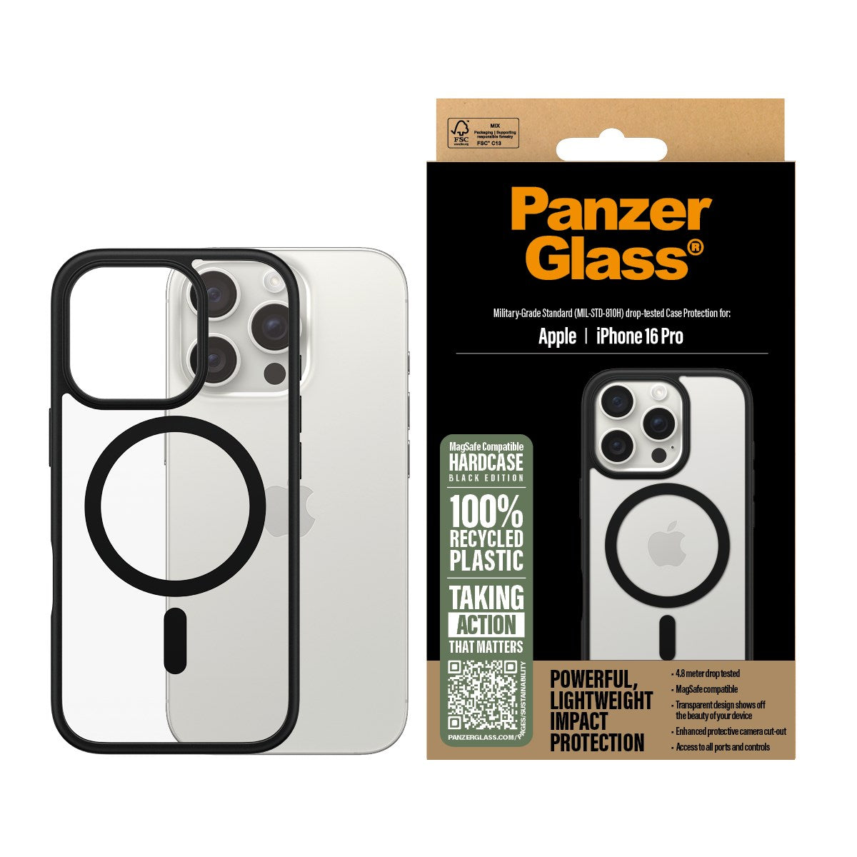 PanzerGlass® HardCase Transparent m. Sort MagSafe & Ramme iPhone 16 Pro