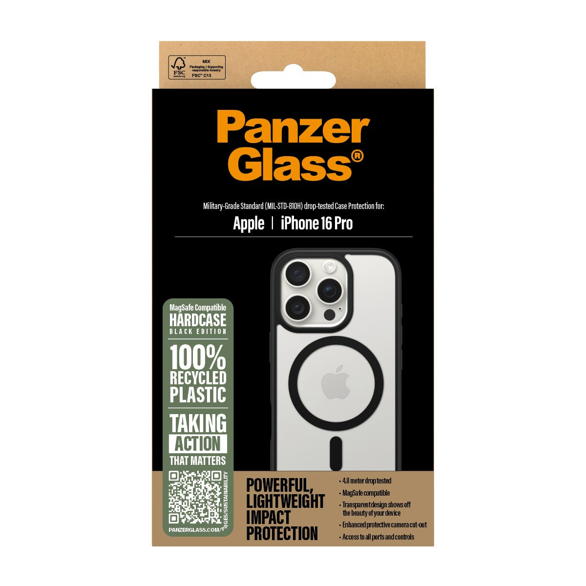 PanzerGlass® HardCase Transparent m. Sort MagSafe & Ramme iPhone 16 Pro