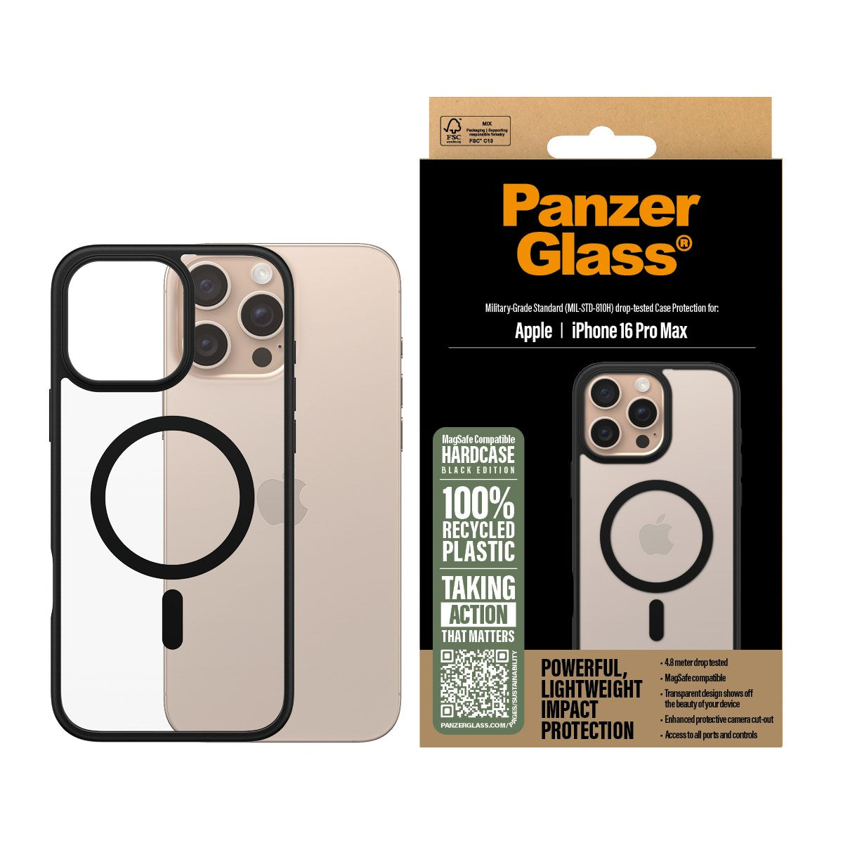PanzerGlass® HardCase Transparent m. Sort MagSafe & Ramme iPhone 16 Pro Max