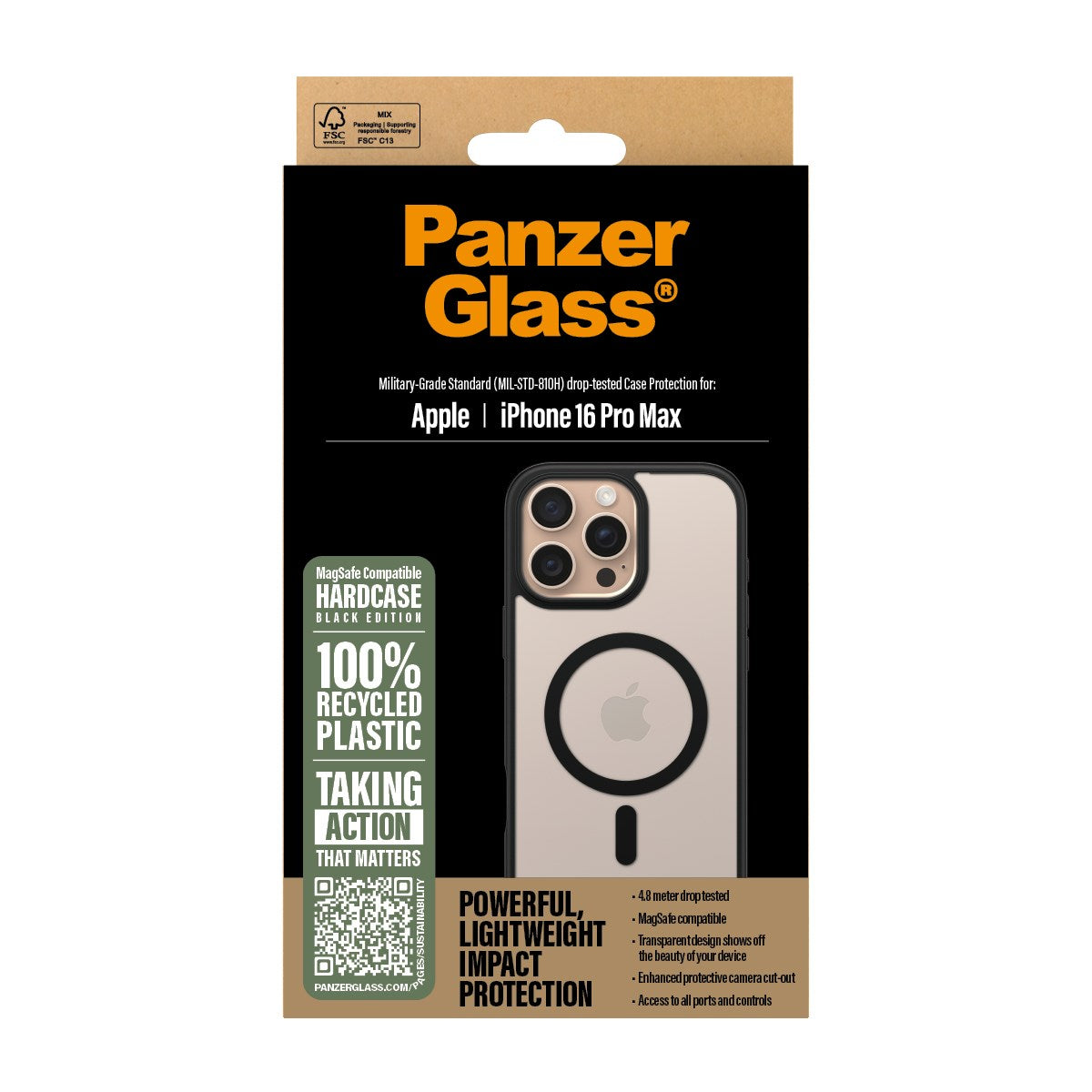 PanzerGlass® HardCase Transparent m. Sort MagSafe & Ramme iPhone 16 Pro Max