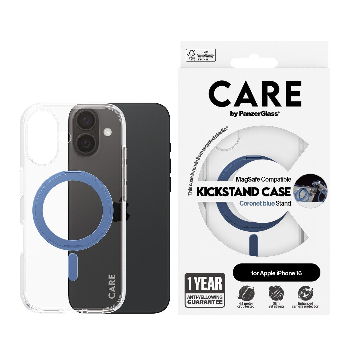 CARE by PanzerGlass® Case Transparent m. Blå Kickstand & MagSafe iPhone 16
