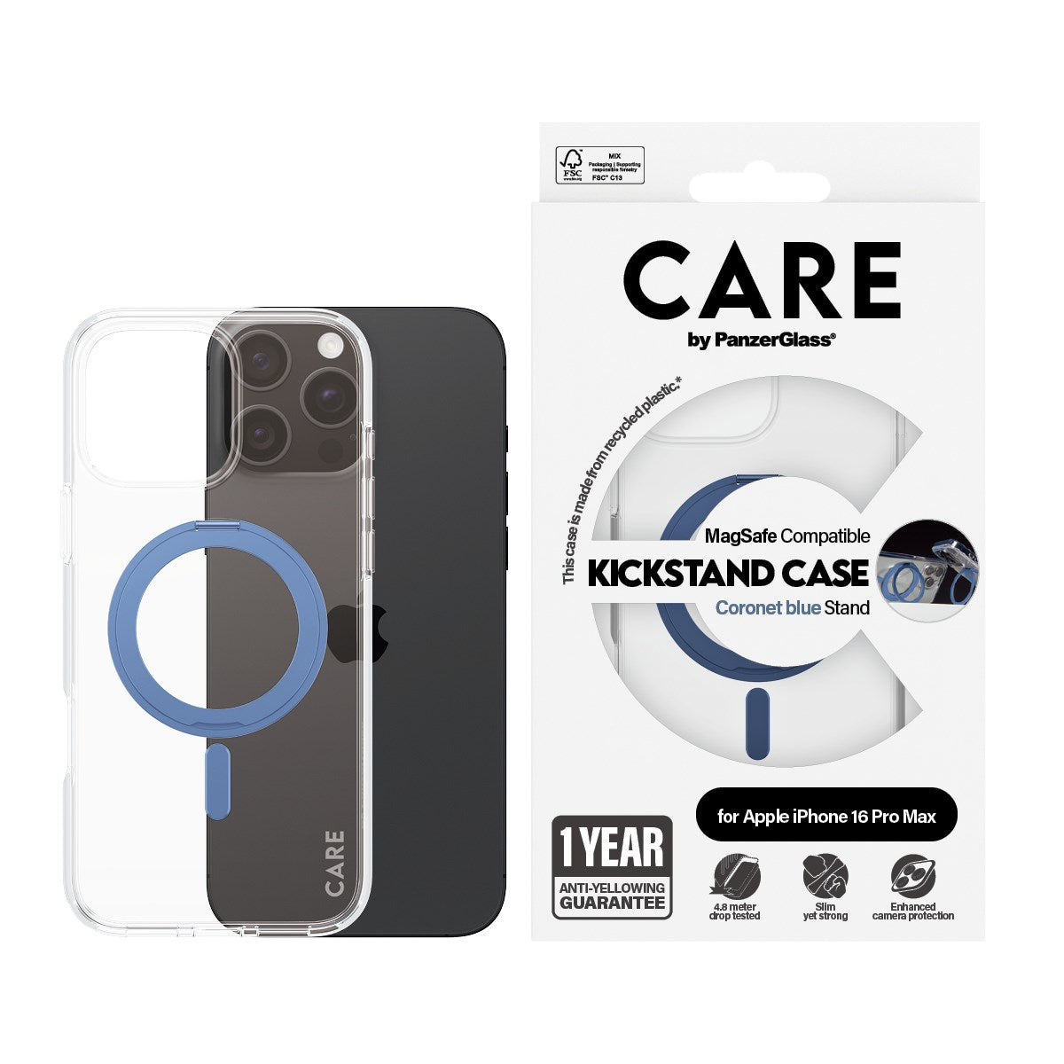 CARE by PanzerGlass® Case Transparent m. Blå Kickstand & MagSafe iPhone 16 Pro Max