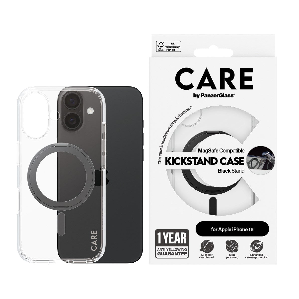 CARE by PanzerGlass® Case Transparent m. Sort Kickstand & MagSafe iPhone 16