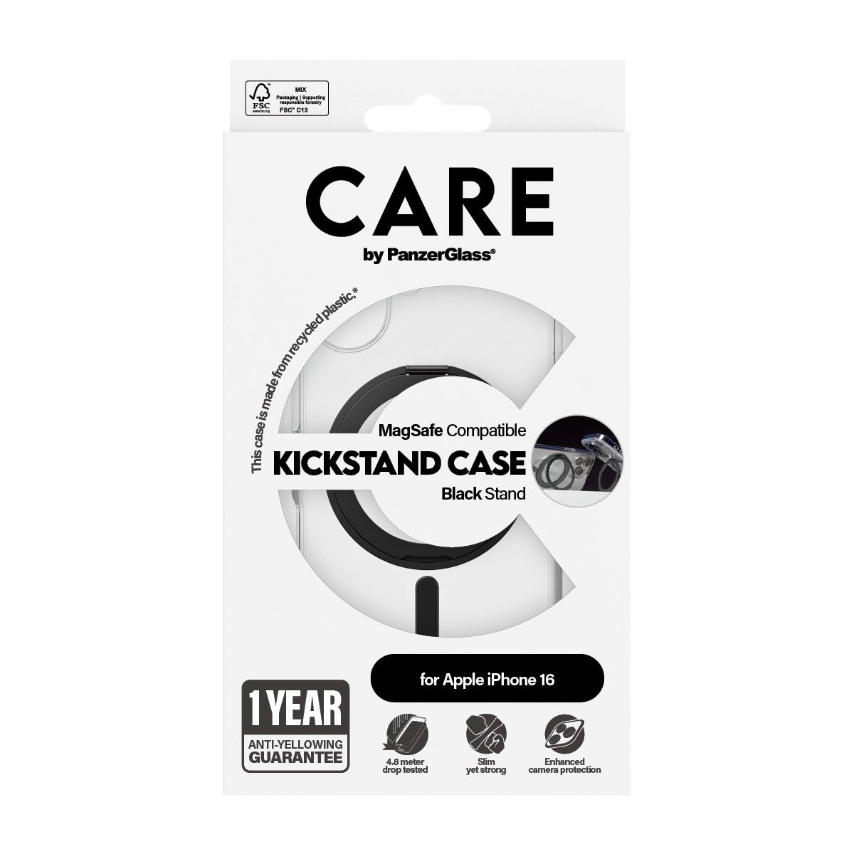 CARE by PanzerGlass® Case Transparent m. Sort Kickstand & MagSafe iPhone 16