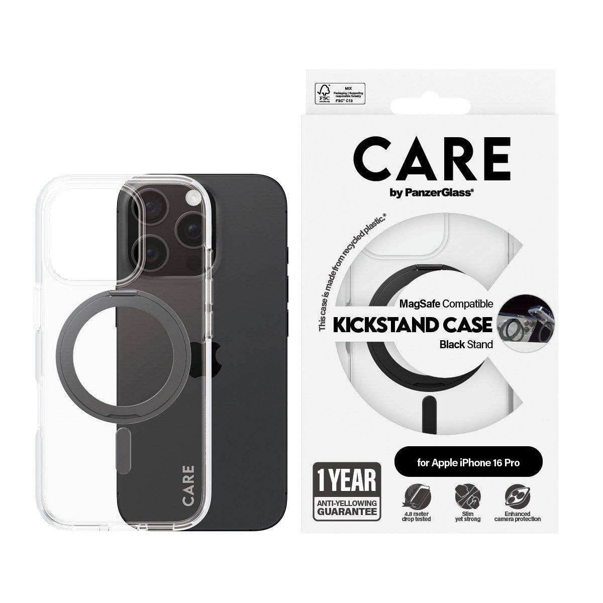 CARE by PanzerGlass® Case Transparent m. Sort Kickstand & MagSafe iPhone 16 Pro