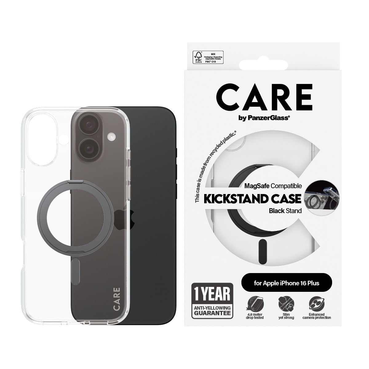 CARE by PanzerGlass® Case Transparent m. Sort Kickstand & MagSafe iPhone 16 Plus