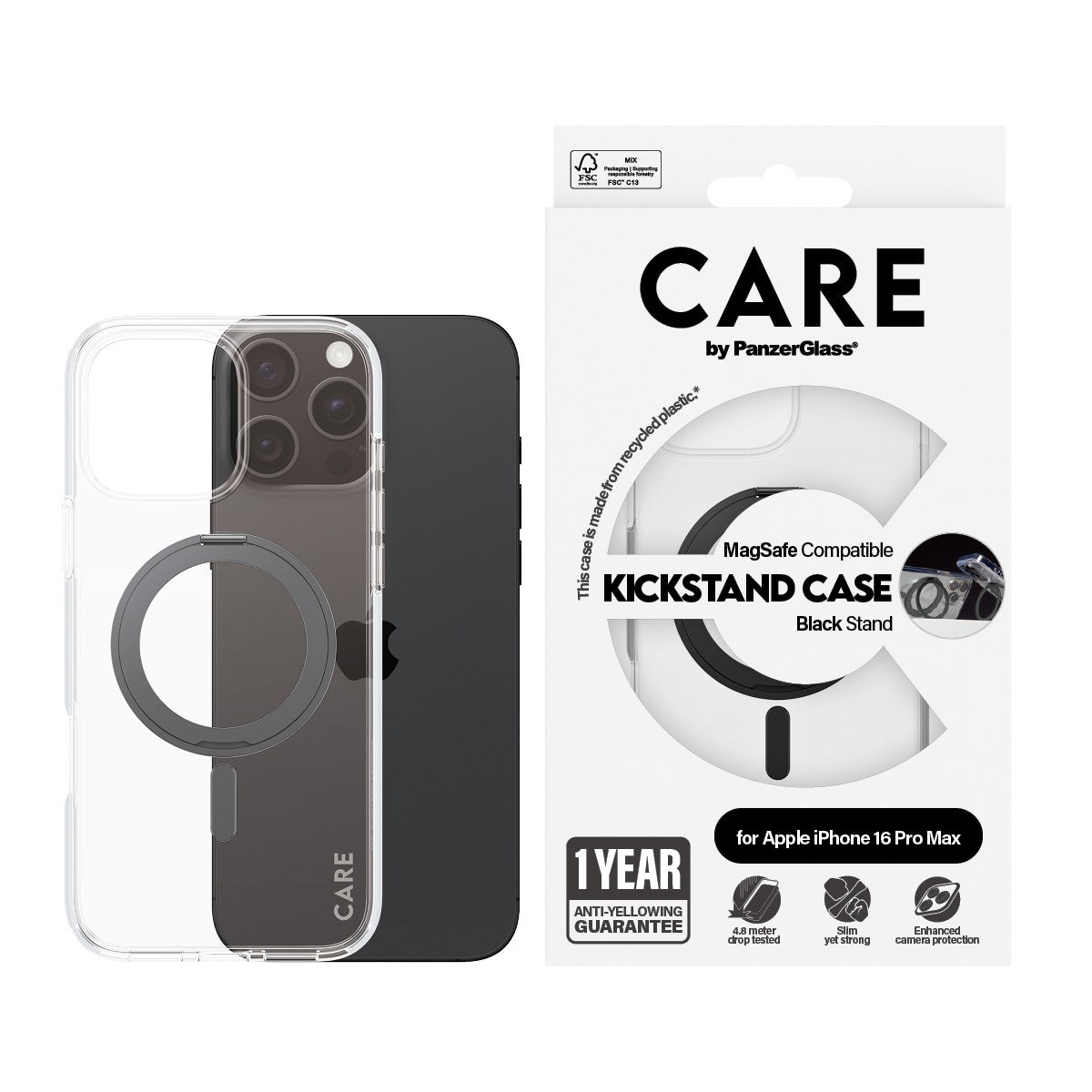 CARE by PanzerGlass® Case Transparent m. Sort Kickstand & MagSafe iPhone 16 Pro Max