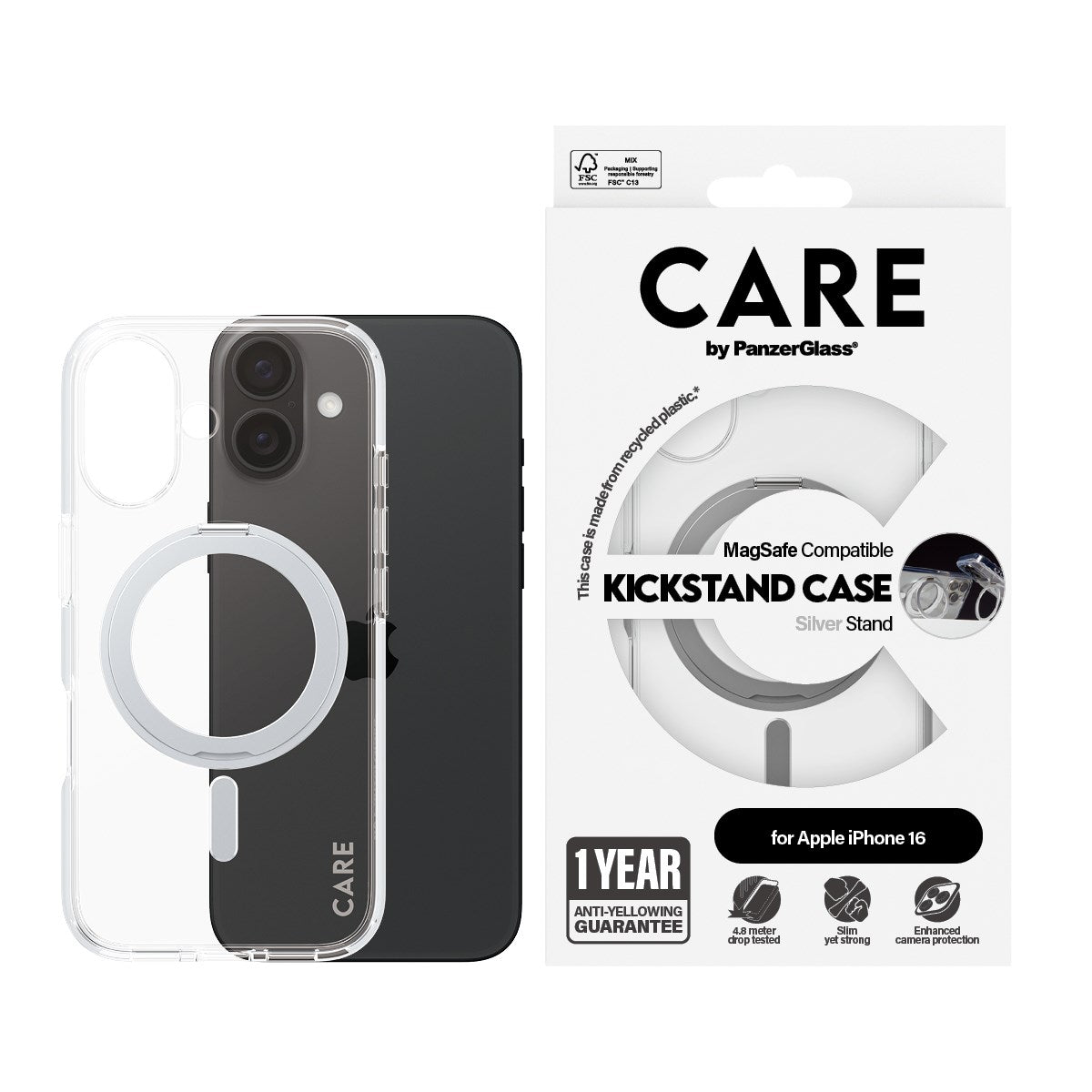CARE by PanzerGlass® Case Transparent m. Sølv Kickstand & MagSafe iPhone 16