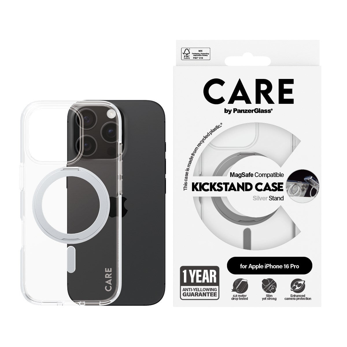 CARE by PanzerGlass® Case Transparent m. Sølv Kickstand & MagSafe iPhone 16 Pro