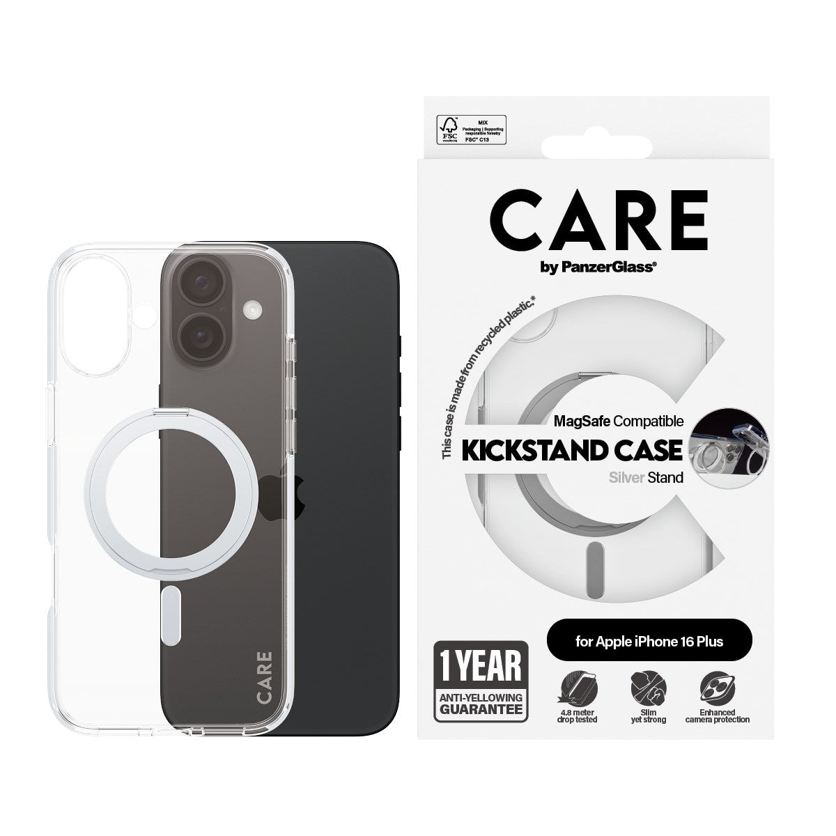 CARE by PanzerGlass® Case Transparent m. Sølv Kickstand & MagSafe iPhone 16 Plus