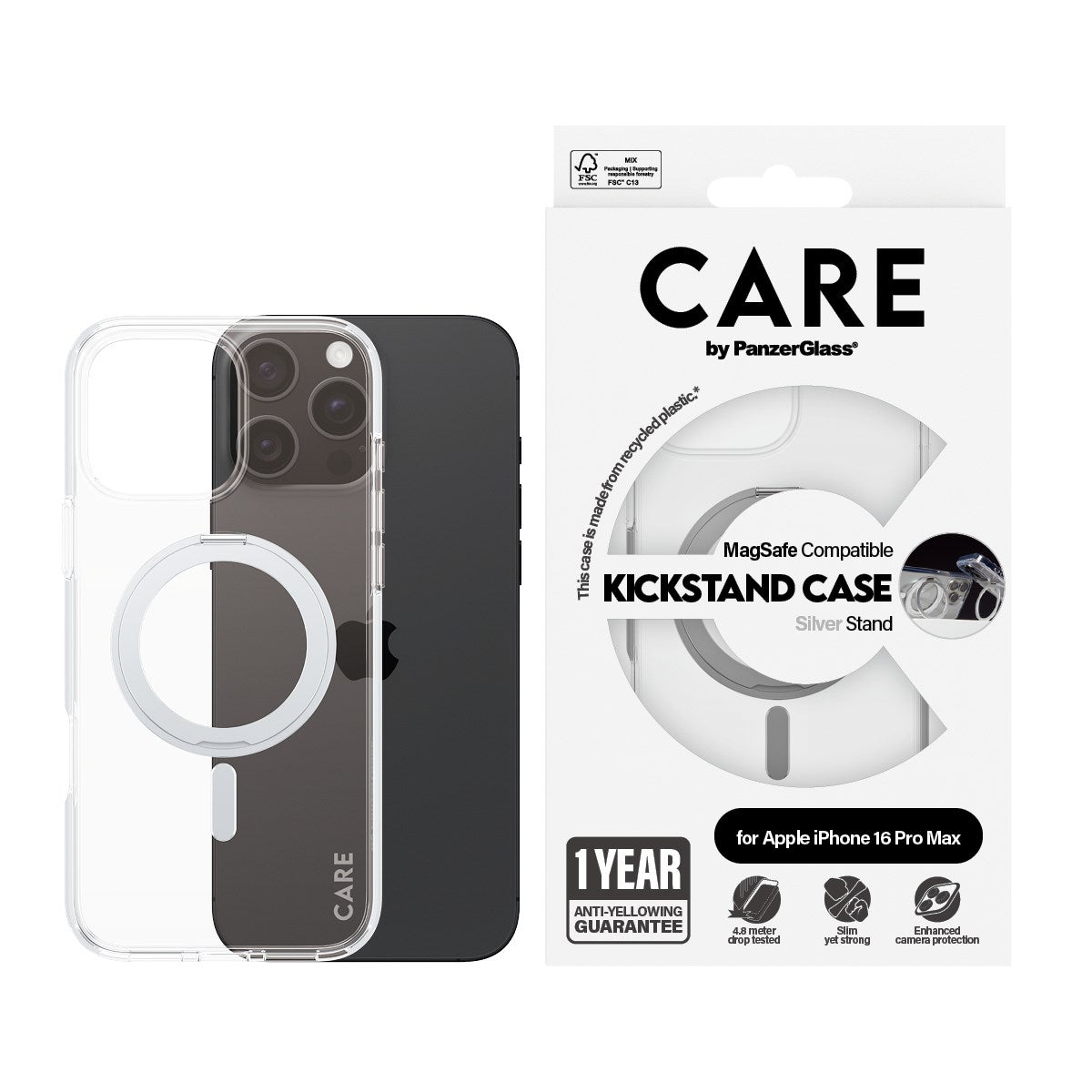 CARE by PanzerGlass® Case Transparent m. Sølv Kickstand & MagSafe iPhone 16 Pro Max