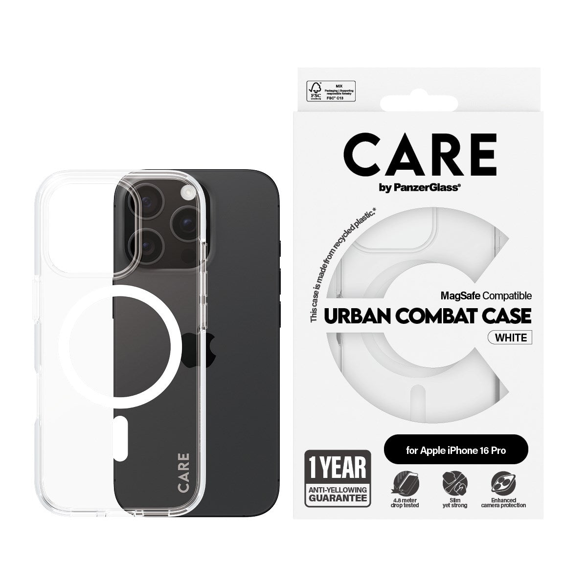CARE by PanzerGlass® Urban Combat Case Transparent m. Hvid MagSafe iPhone 16 Pro