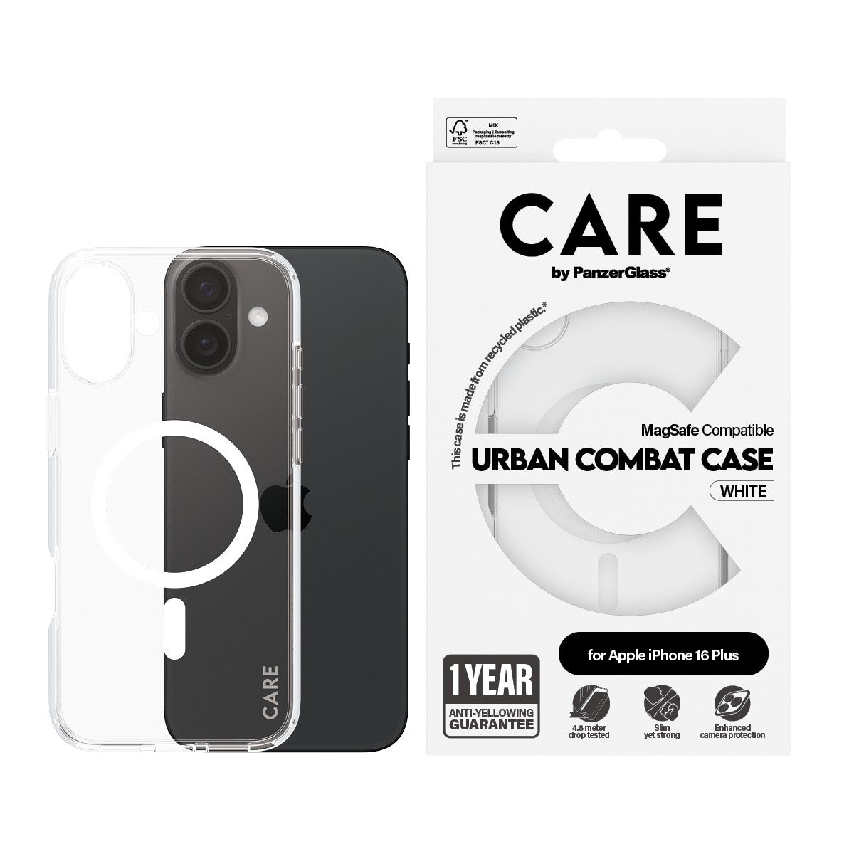 CARE by PanzerGlass® Urban Combat Case Transparent m. Hvid MagSafe iPhone 16 Plus
