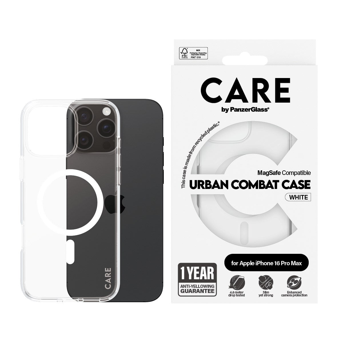 CARE by PanzerGlass® Urban Combat Case Transparent m. Hvid MagSafe iPhone 16 Pro Max