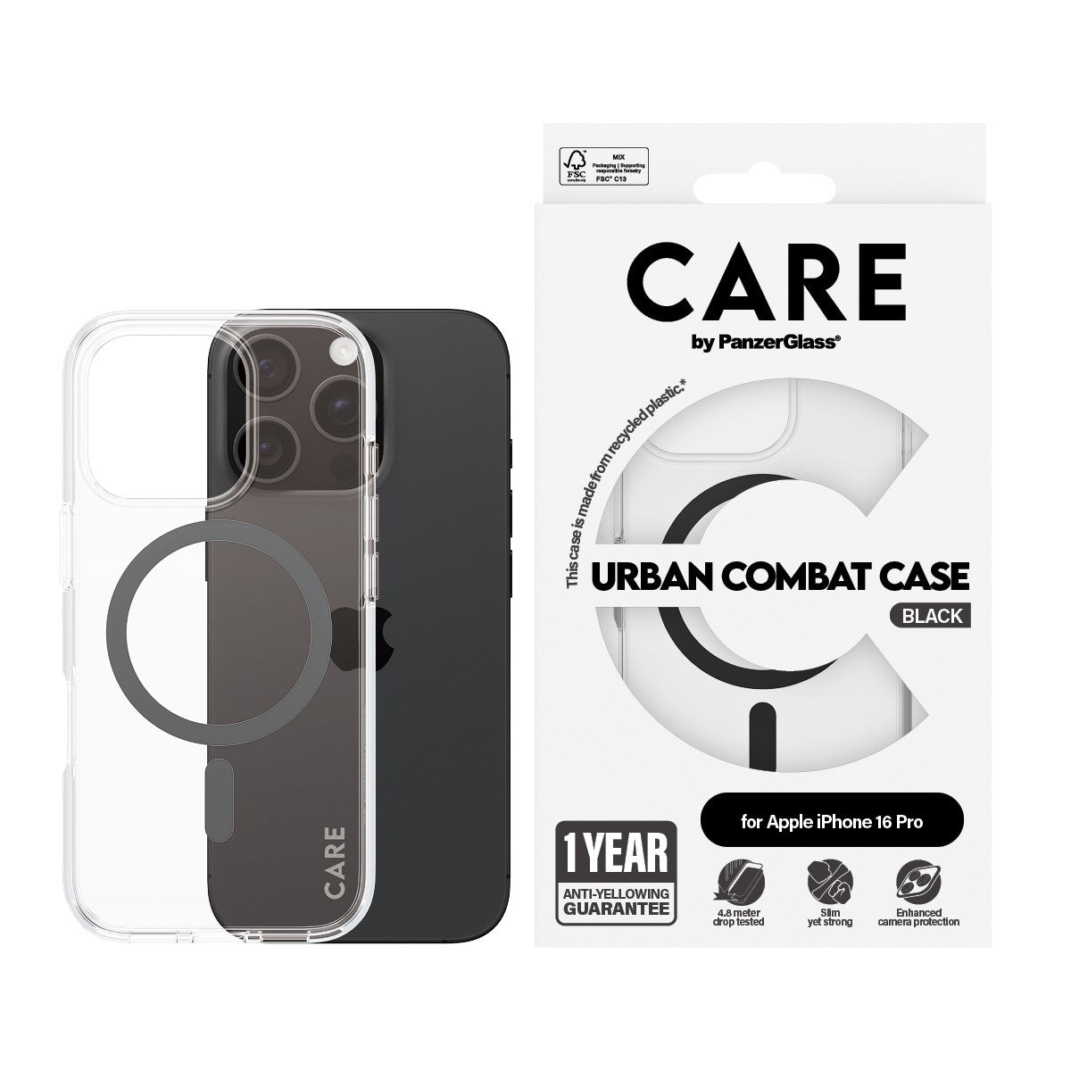CARE by PanzerGlass® Urban Combat Case Transparent m. Sort MagSafe iPhone 16 Pro