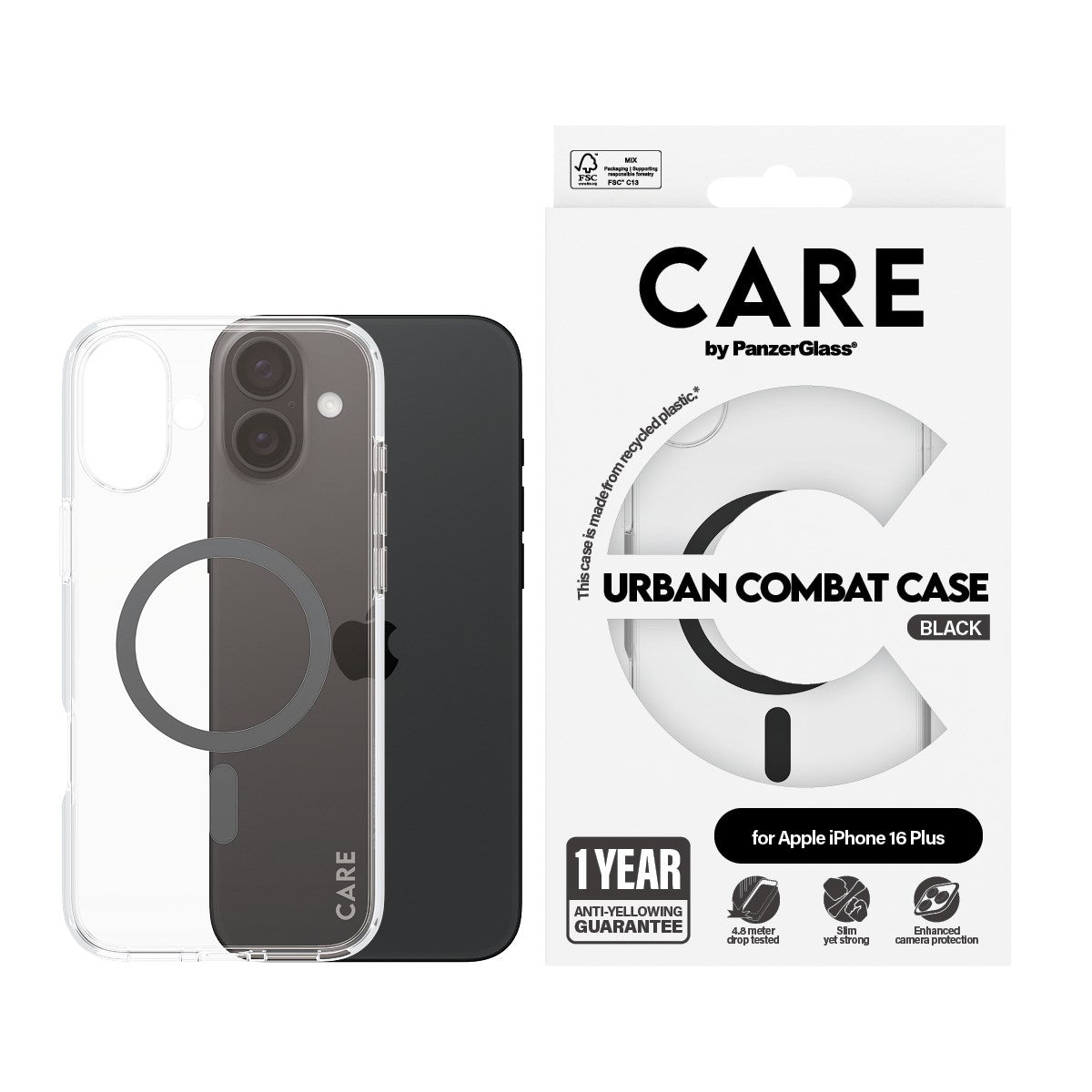 CARE by PanzerGlass® Urban Combat Case Transparent m. Sort MagSafe iPhone 16 Plus