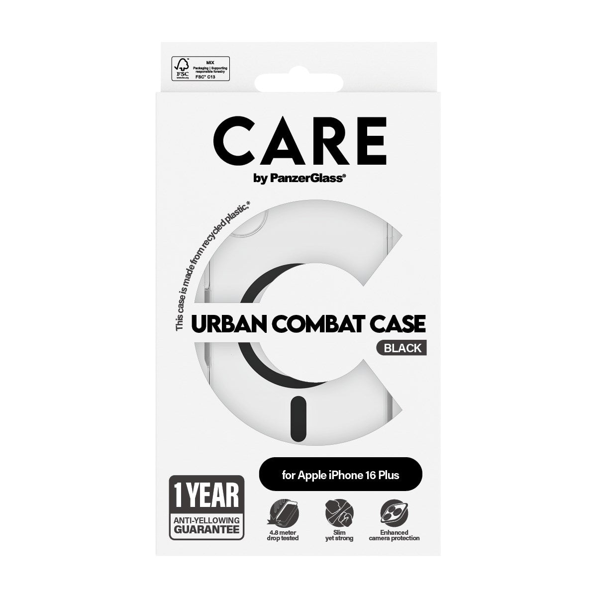 CARE by PanzerGlass® Urban Combat Case Transparent m. Sort MagSafe iPhone 16 Plus