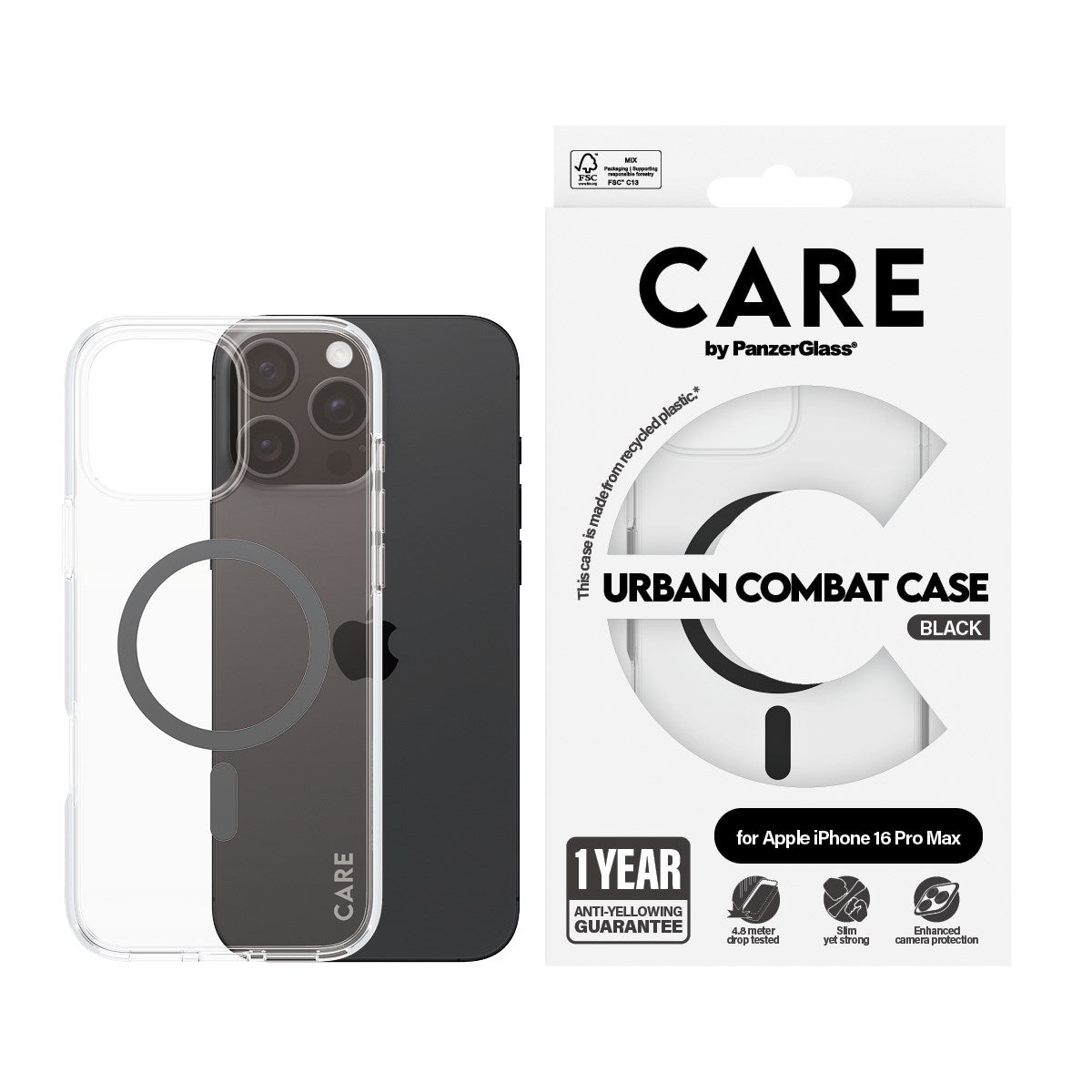 CARE by PanzerGlass® Urban Combat Case Transparent m. Sort MagSafe iPhone 16 Pro Max