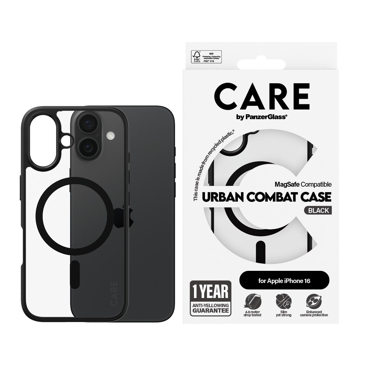 CARE by PanzerGlass® Urban Combat Case Transparent m. Sort Ramme & MagSafe iPhone 16