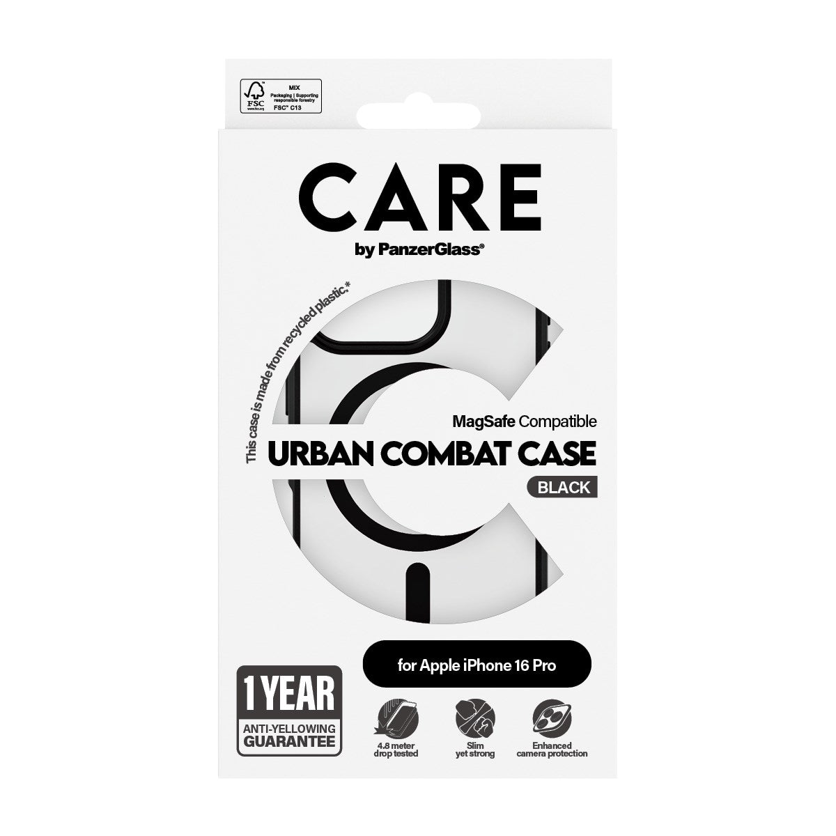 CARE by PanzerGlass® Urban Combat Case Transparent m. Sort Ramme & MagSafe iPhone 16 Pro
